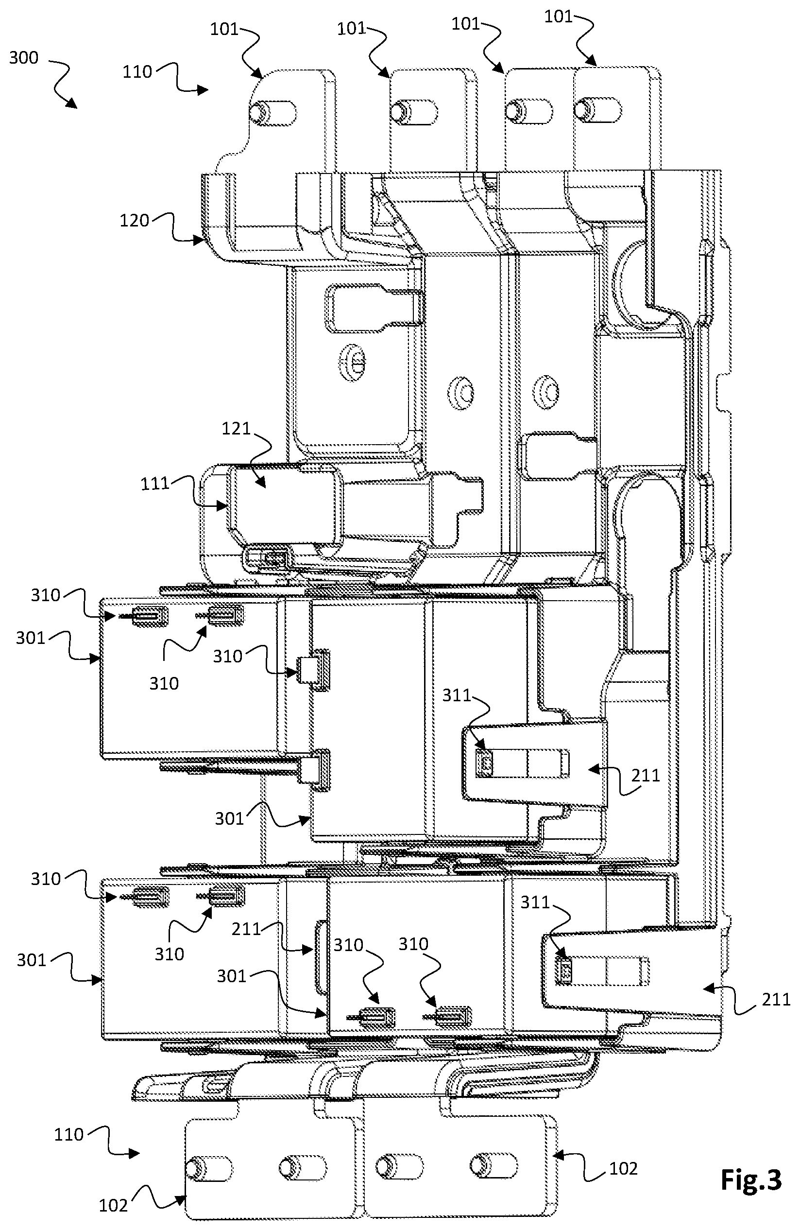 Patent US11784443 Figure 3 – Multifunctional carrier and high voltage contactor for a battery system of an electric vehicle