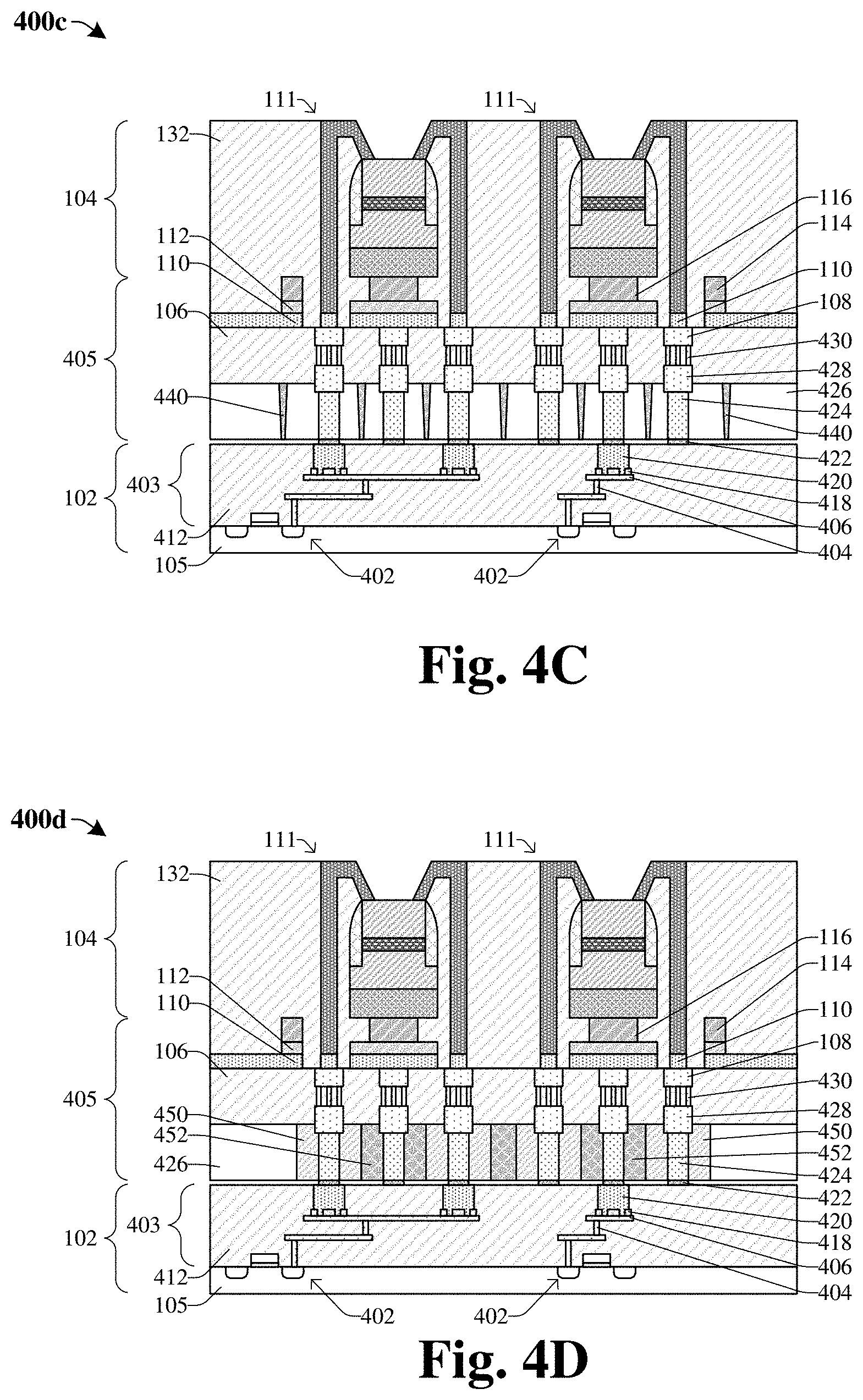 Patent US11784460 Figure 4 – Bump bonding structure to mitigate space contamination for III-V dies and CMOS dies