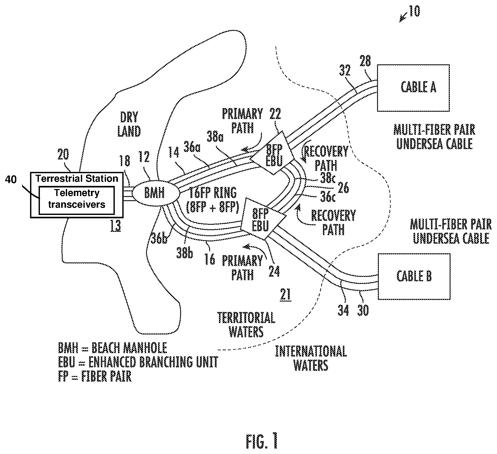 Patent US11784481 — Submarine cable architecture with redundancy for facilitating shared landing site — Figure 1
