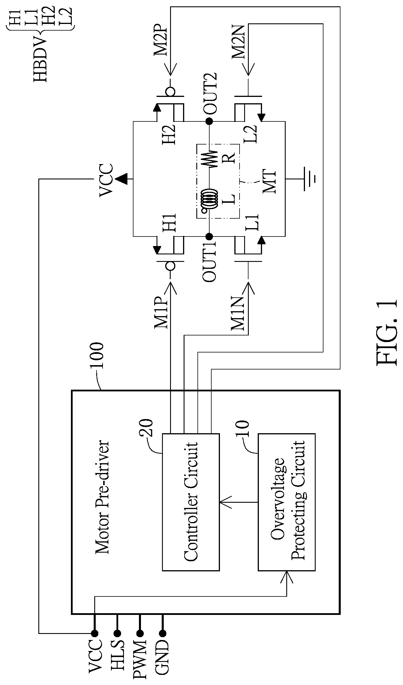 Patent US11784487 Figure 1 – Overvoltage protecting system and method of motor pre-driver