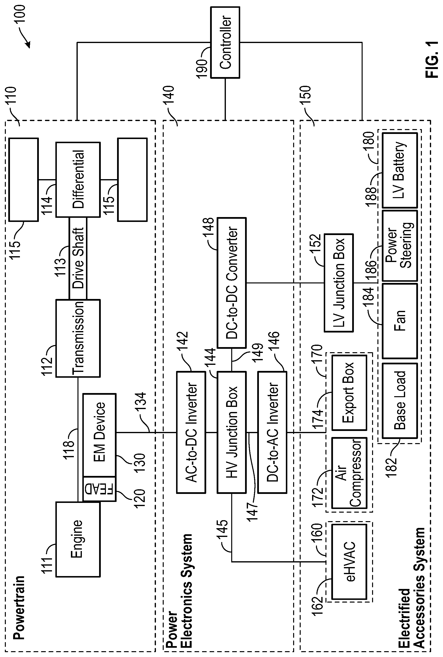 Patent US11784507 Figure 1 – Architecture and control system for electrically-powered accessories of a non-hybrid vehicle