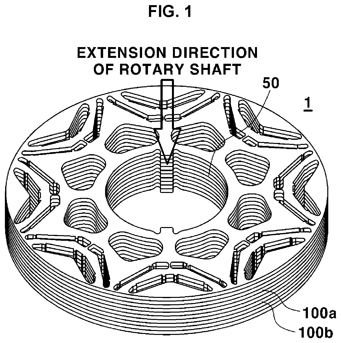 Patent US11784519 Figure 1 – Rotor having fixing protrusions provided asymmetrically based on shaft key