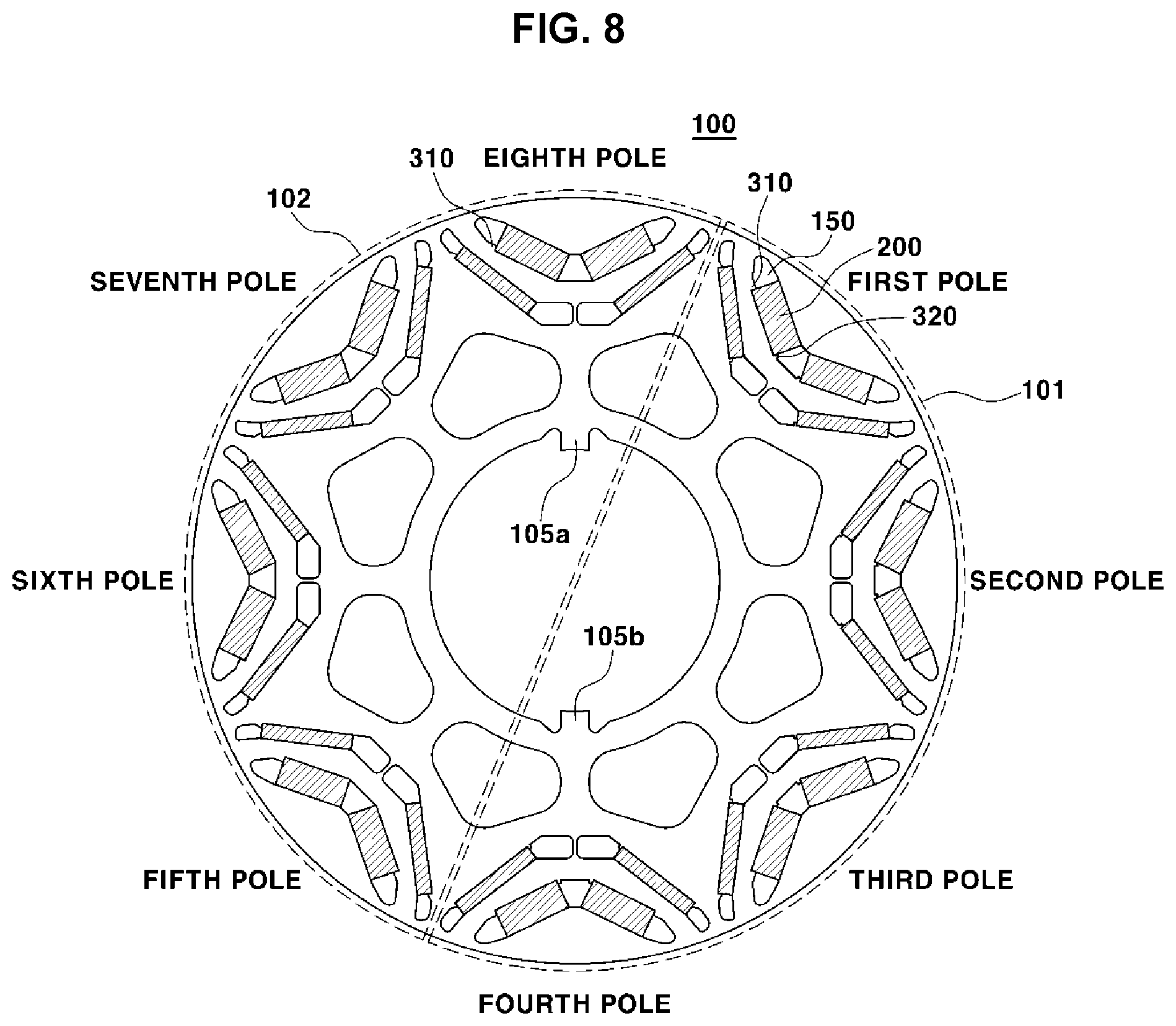 Patent US11784519 Figure 7 – Rotor having fixing protrusions provided asymmetrically based on shaft key