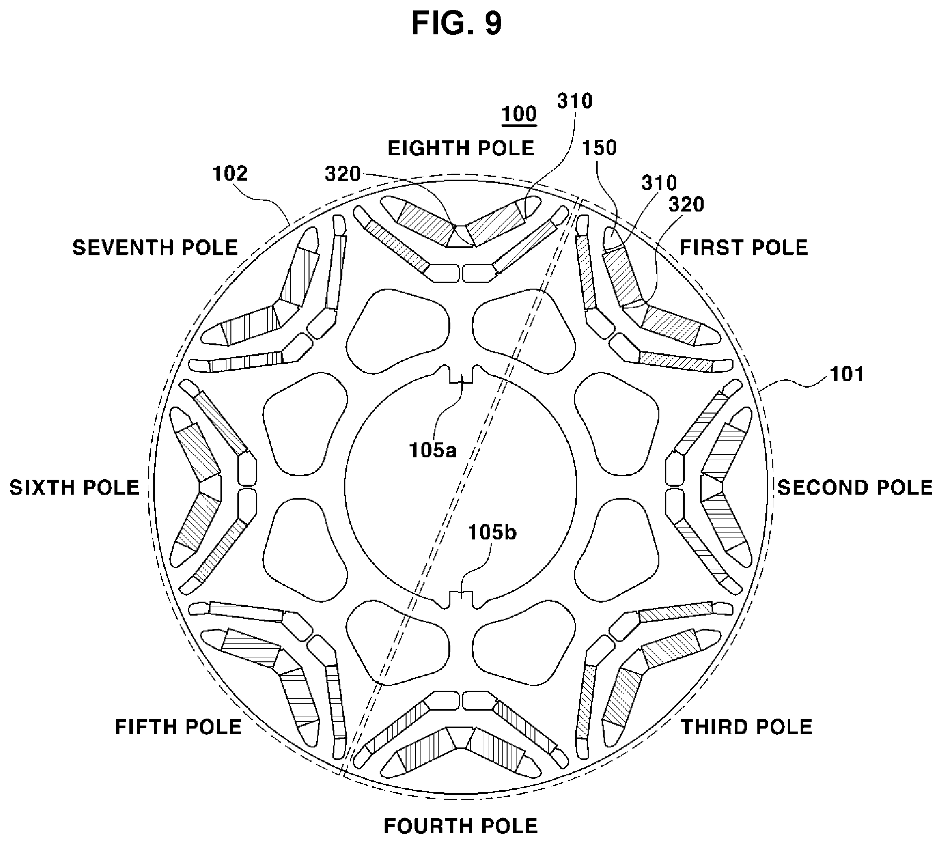 Patent US11784519 Figure 8 – Rotor having fixing protrusions provided asymmetrically based on shaft key