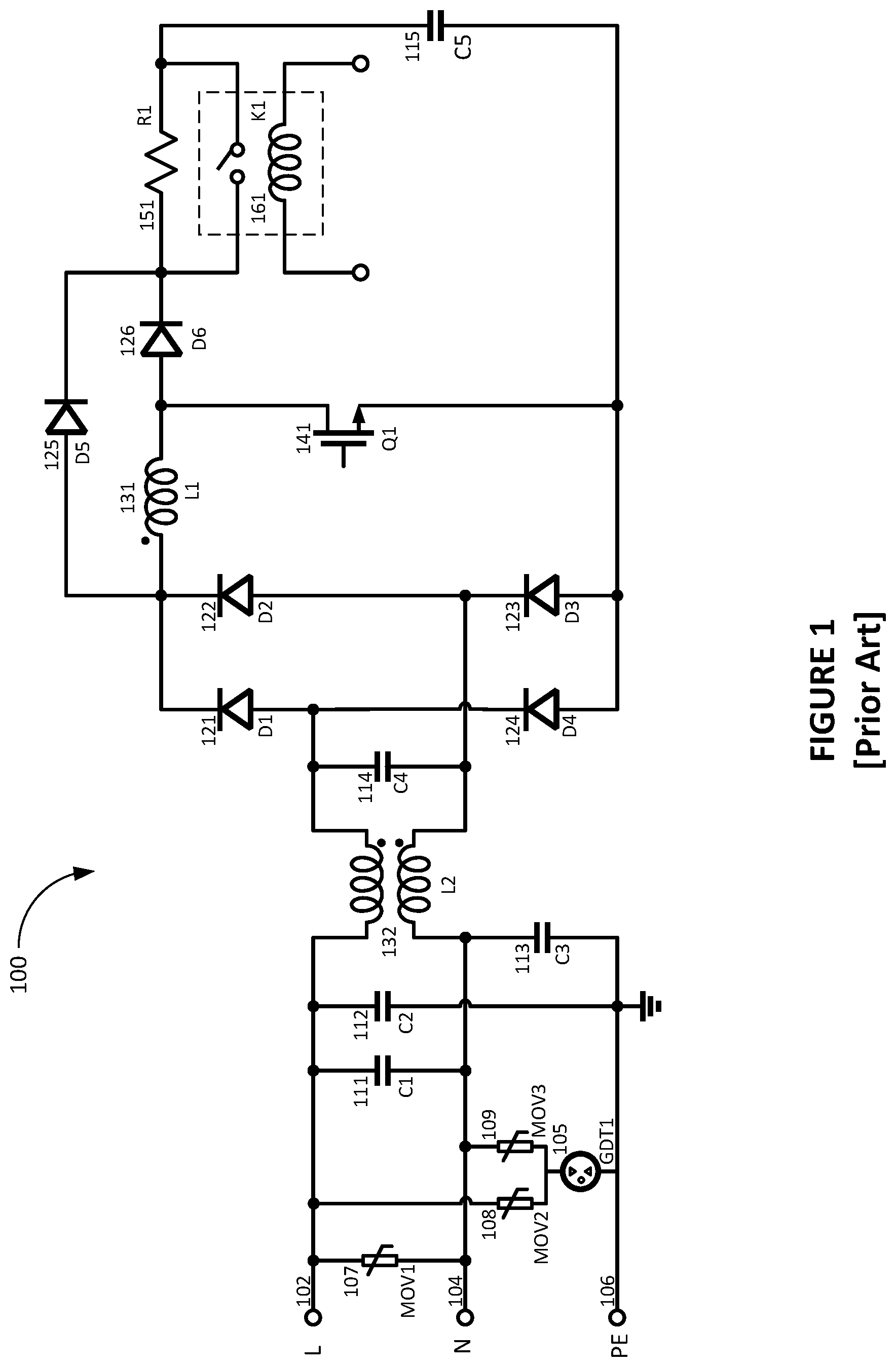Patent US11784556 — Inrush current limiting and surge protection circuit and system — Figure 1