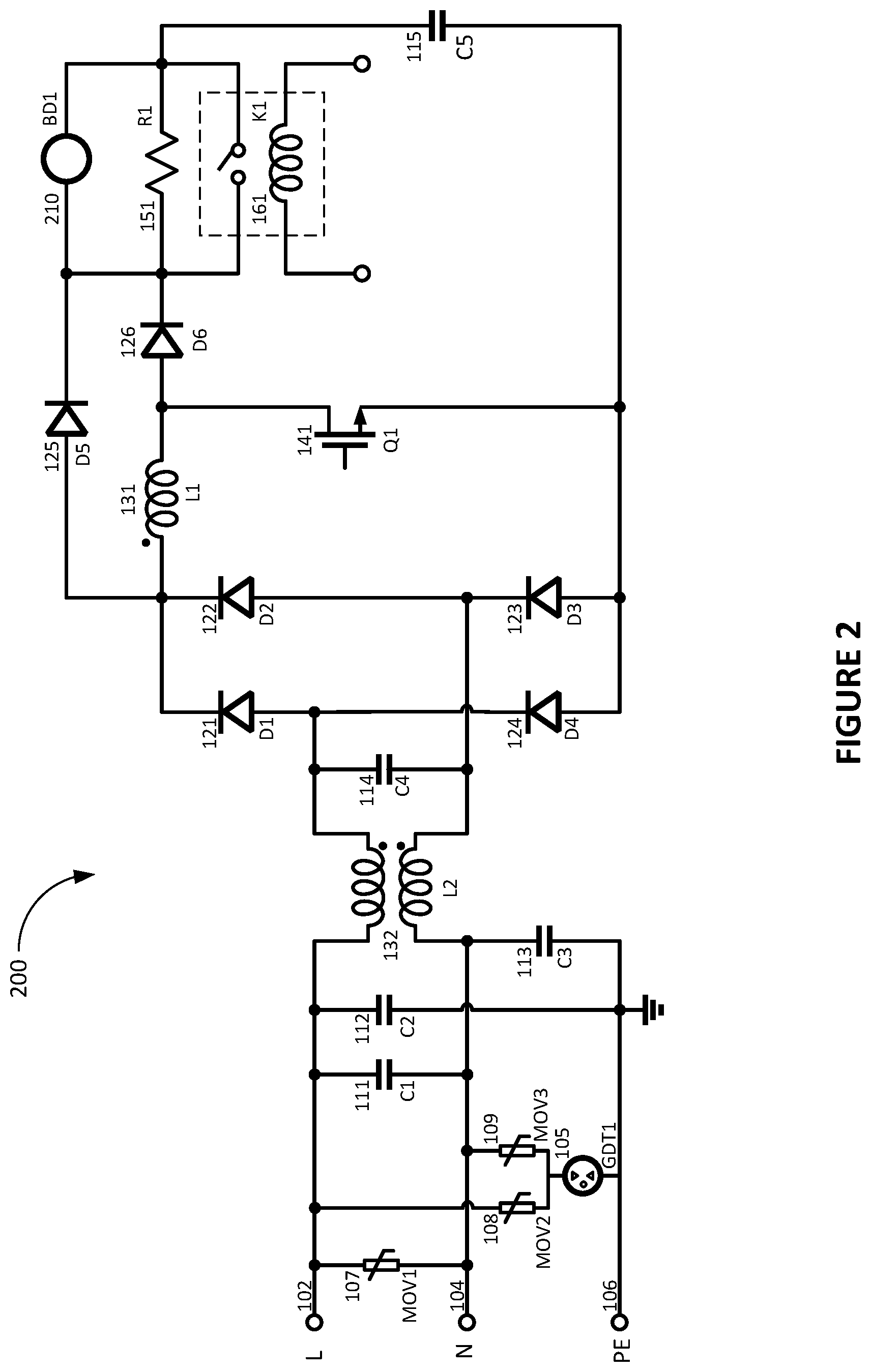 Patent US11784556 Figure 2 – Inrush current limiting and surge protection circuit and system