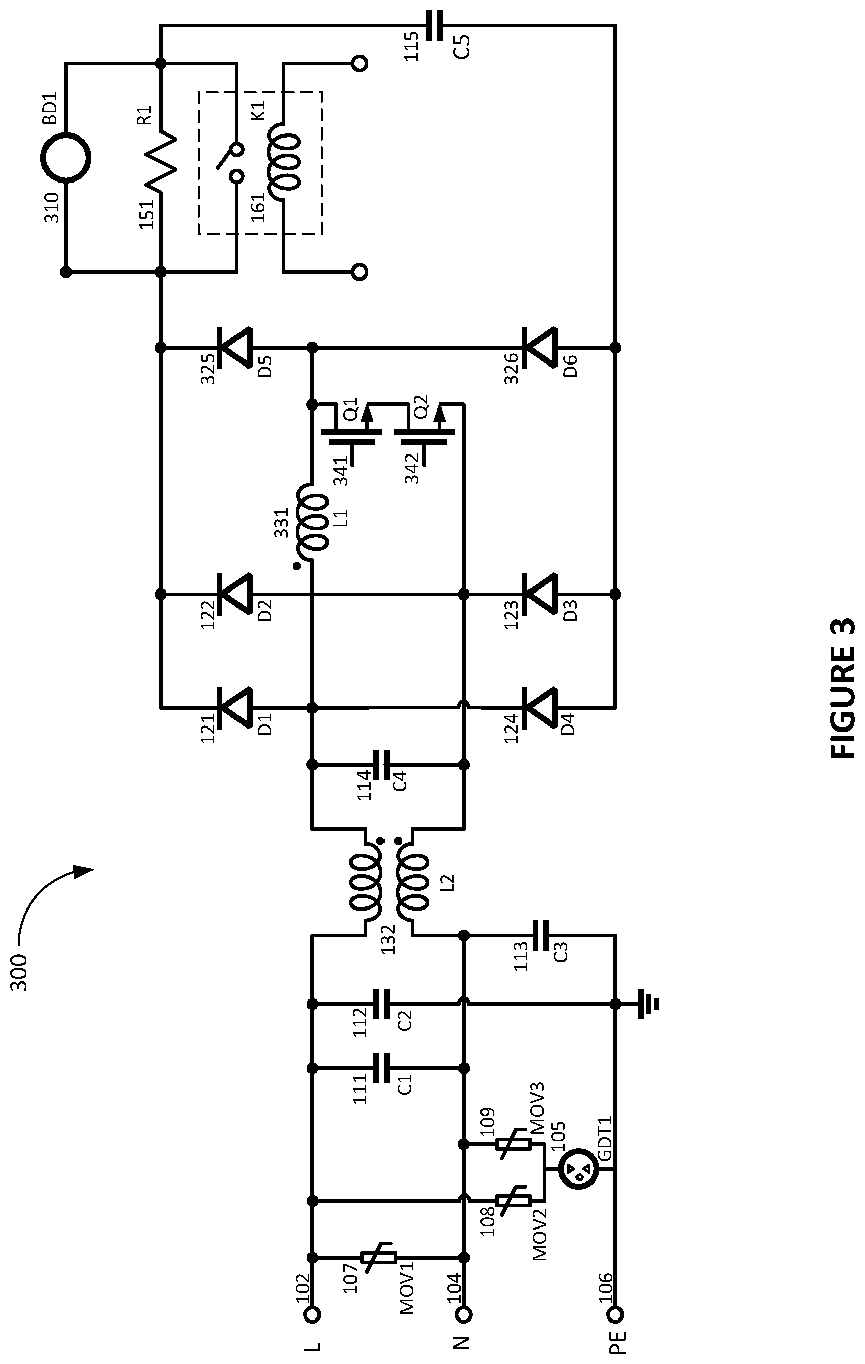 Patent US11784556 Figure 3 – Inrush current limiting and surge protection circuit and system