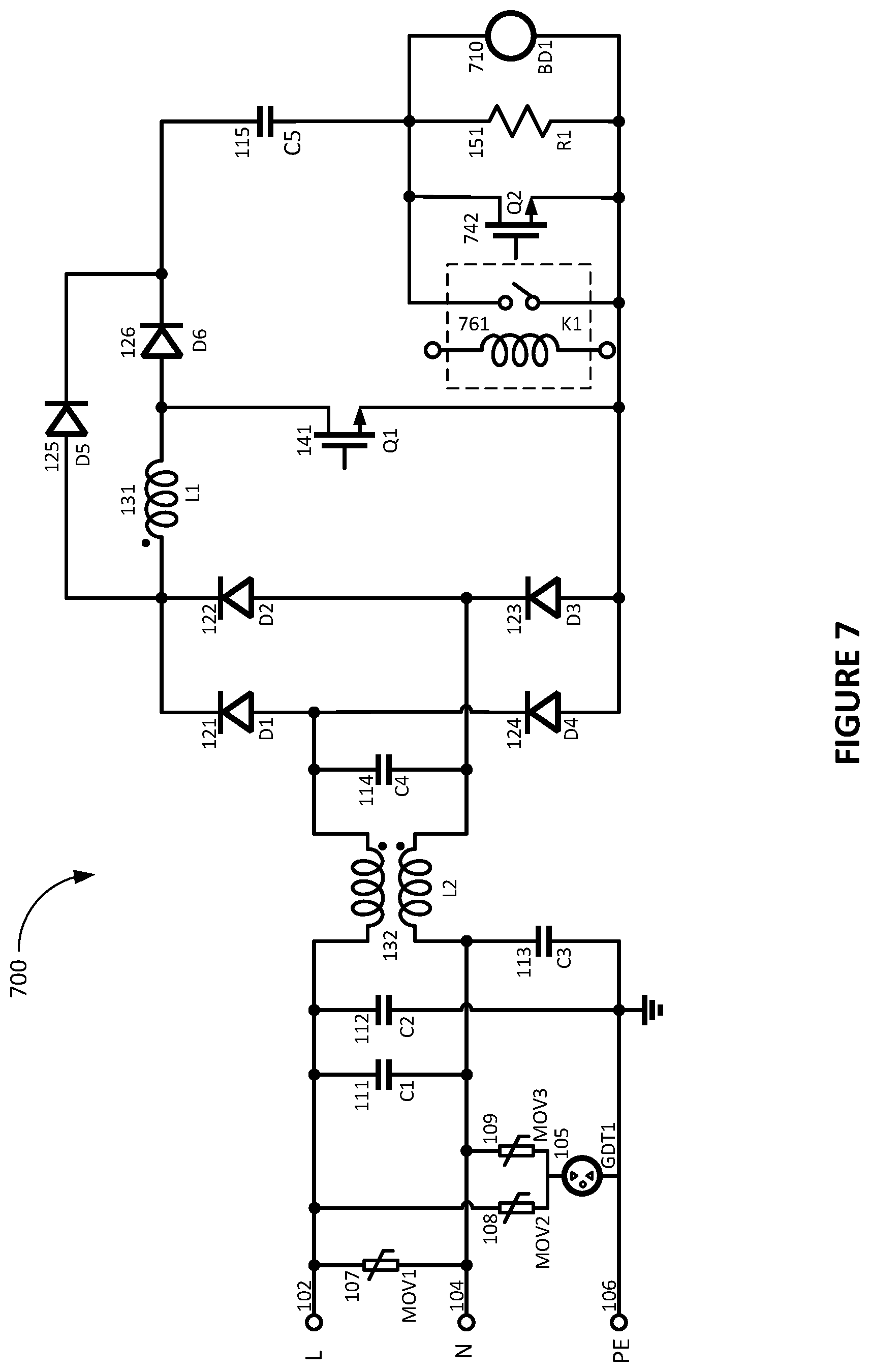 Patent US11784556 Figure 8 – Inrush current limiting and surge protection circuit and system