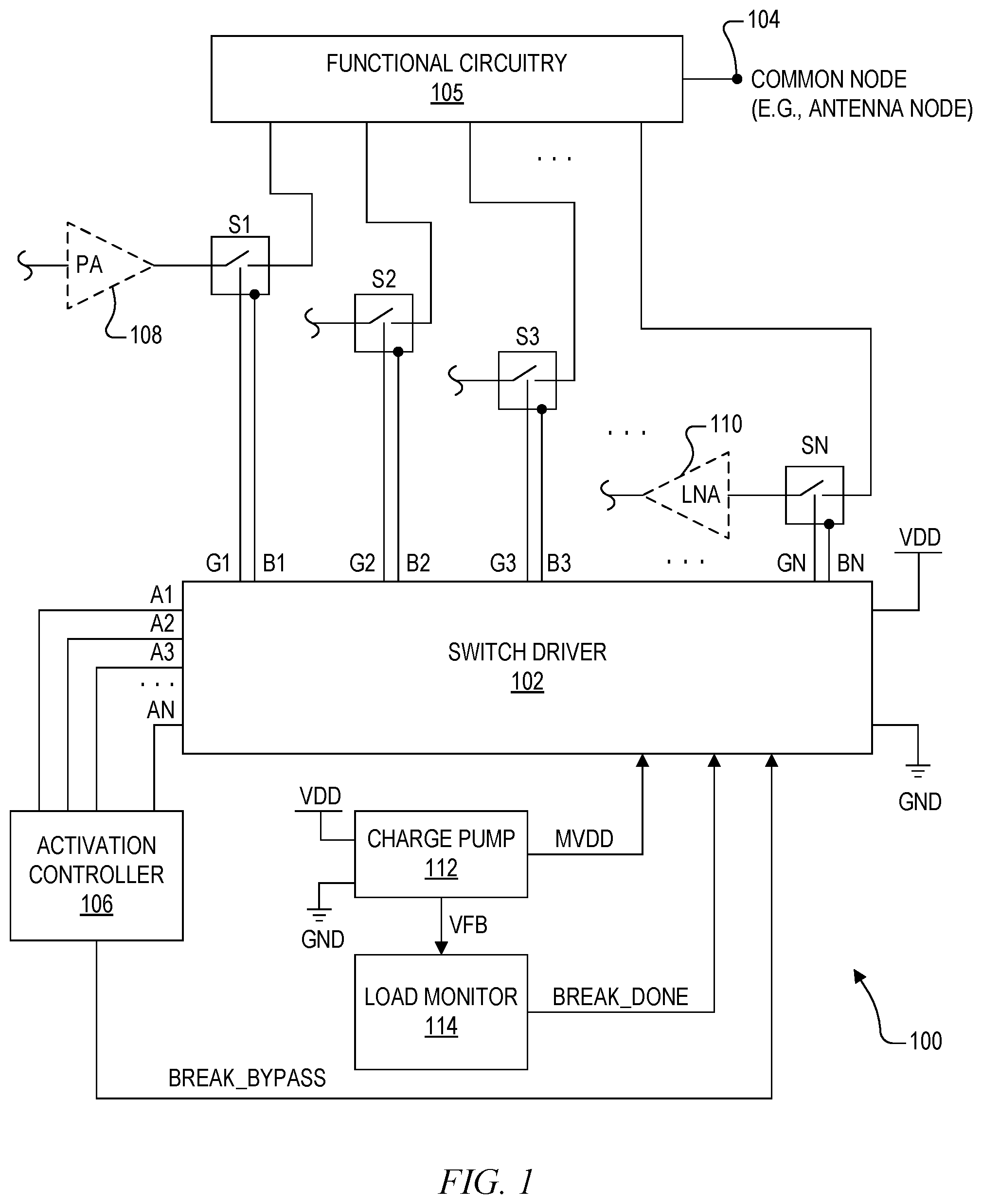 Patent US11784562 Figure 1 – Switch activation system with fast recovery negative voltage charge pump and charge pump load monitoring