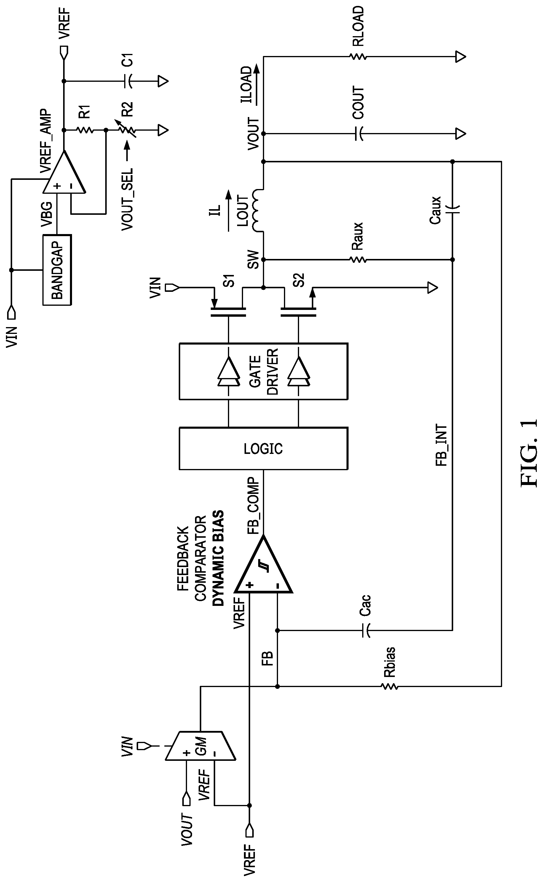 Patent US11784568 Figure 1 – Low quiescent current buck converter with direct feedback