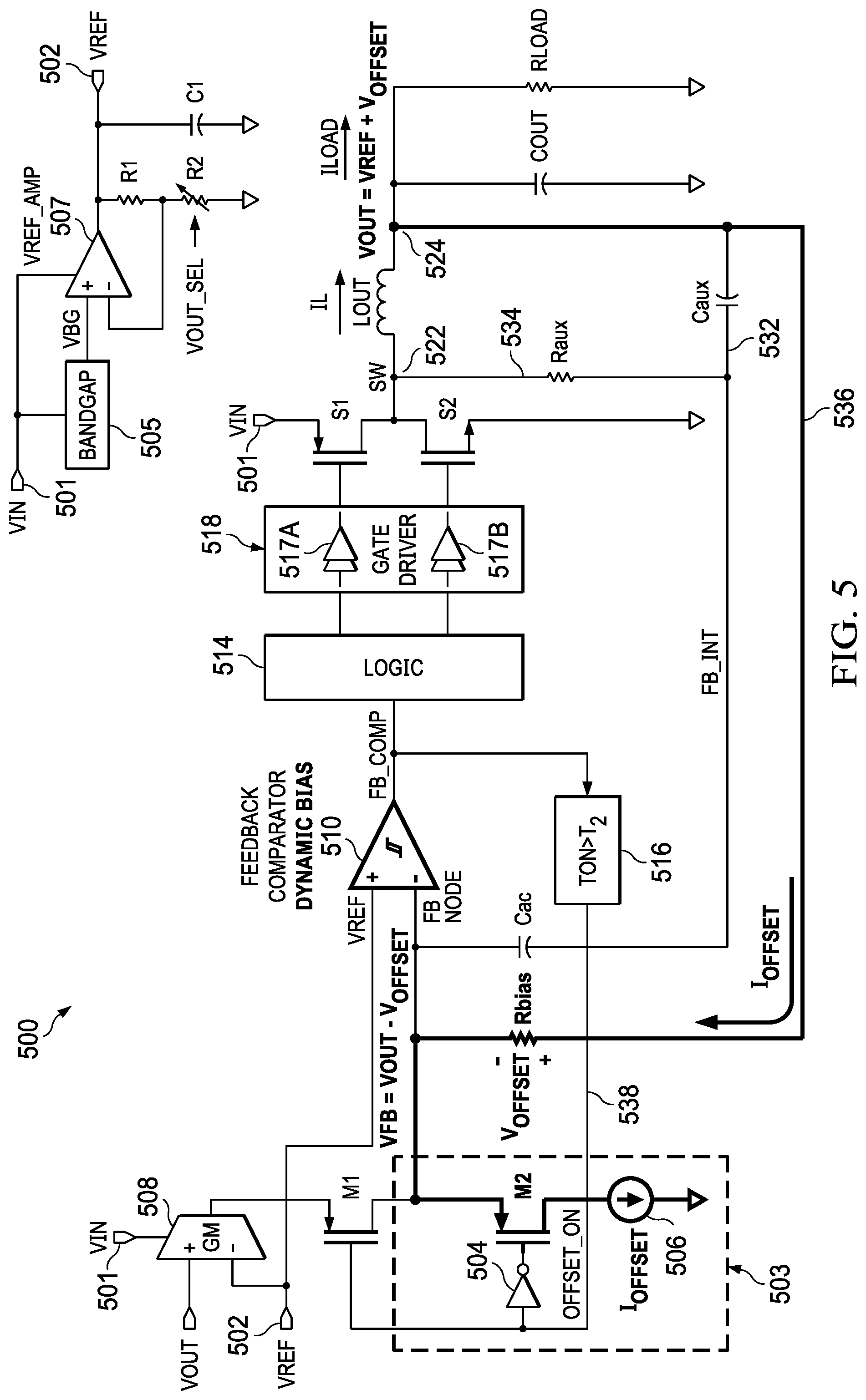 Patent US11784568 Figure 5 – Low quiescent current buck converter with direct feedback