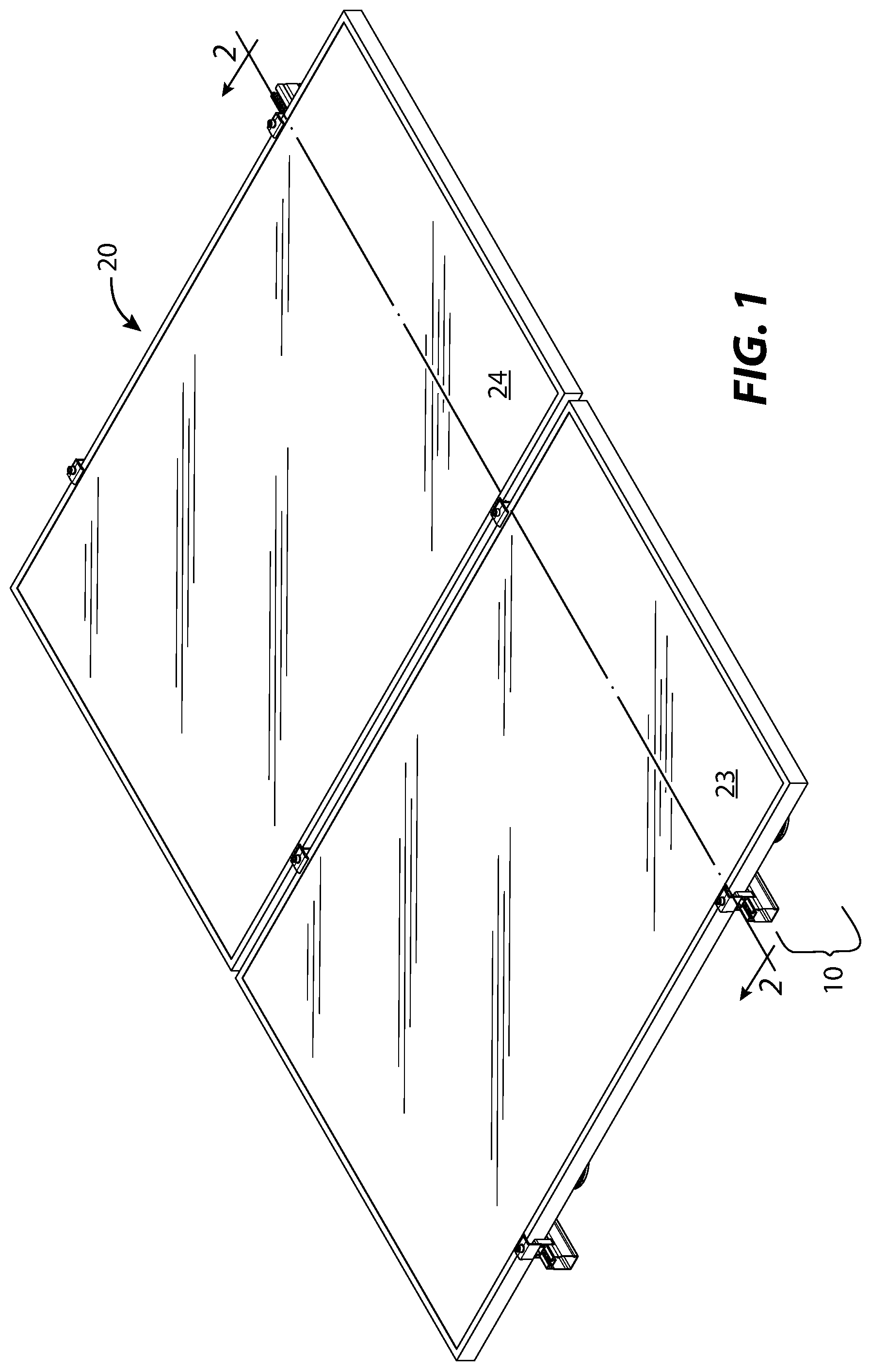 Patent US11784607 Figure 1 – Solar panel racking system and devices for the same