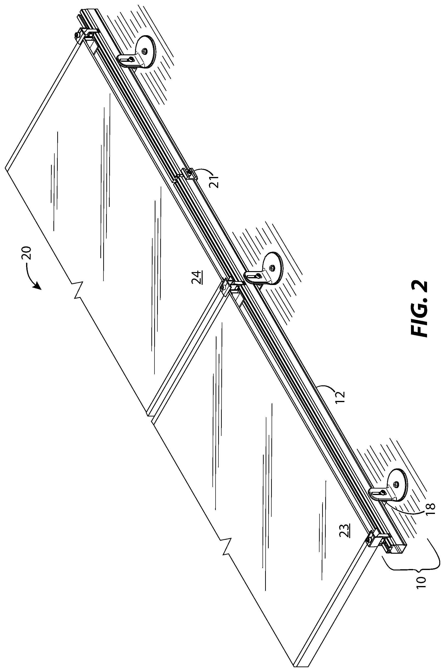 Patent US11784607 Figure 2 – Solar panel racking system and devices for the same