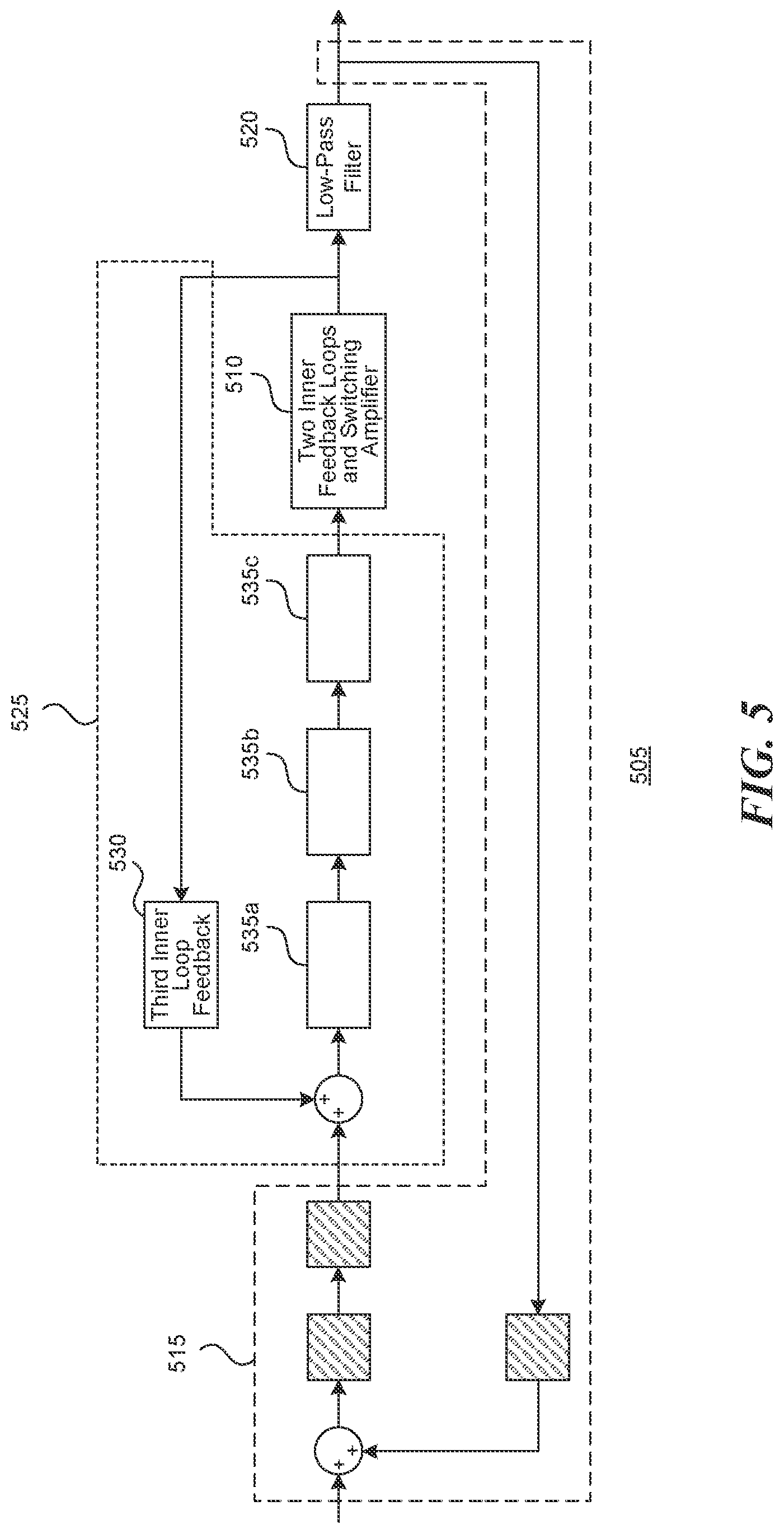 Patent US11784615 Figure 5 – Class-D amplifier with nested feedback loops