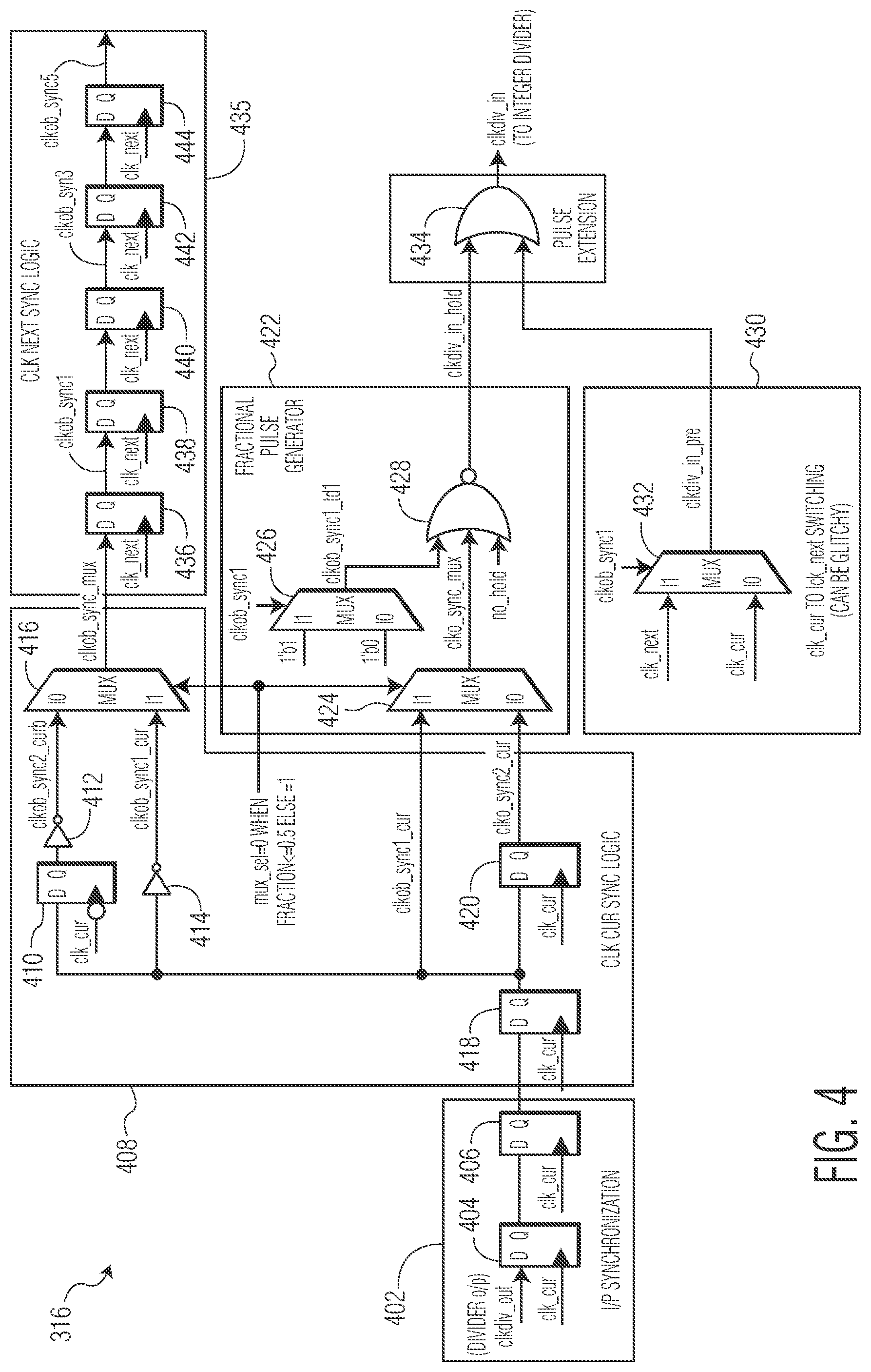 Patent US11784651 Figure 4 – Circuitry and methods for fractional division of high-frequency clock signals
