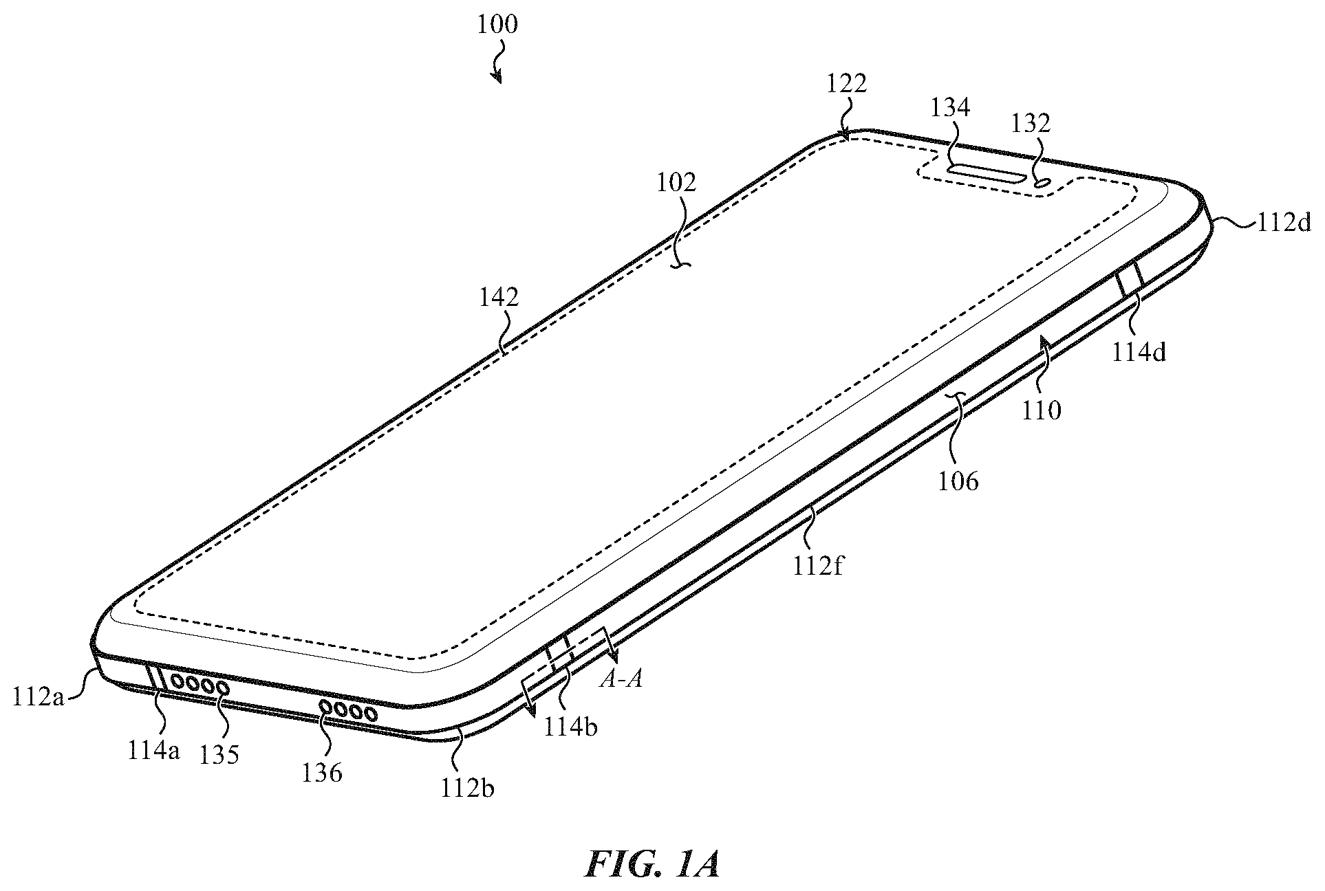 Patent US11784673 Figure 1 – Electronic device housing having a radio-frequency transmissive component