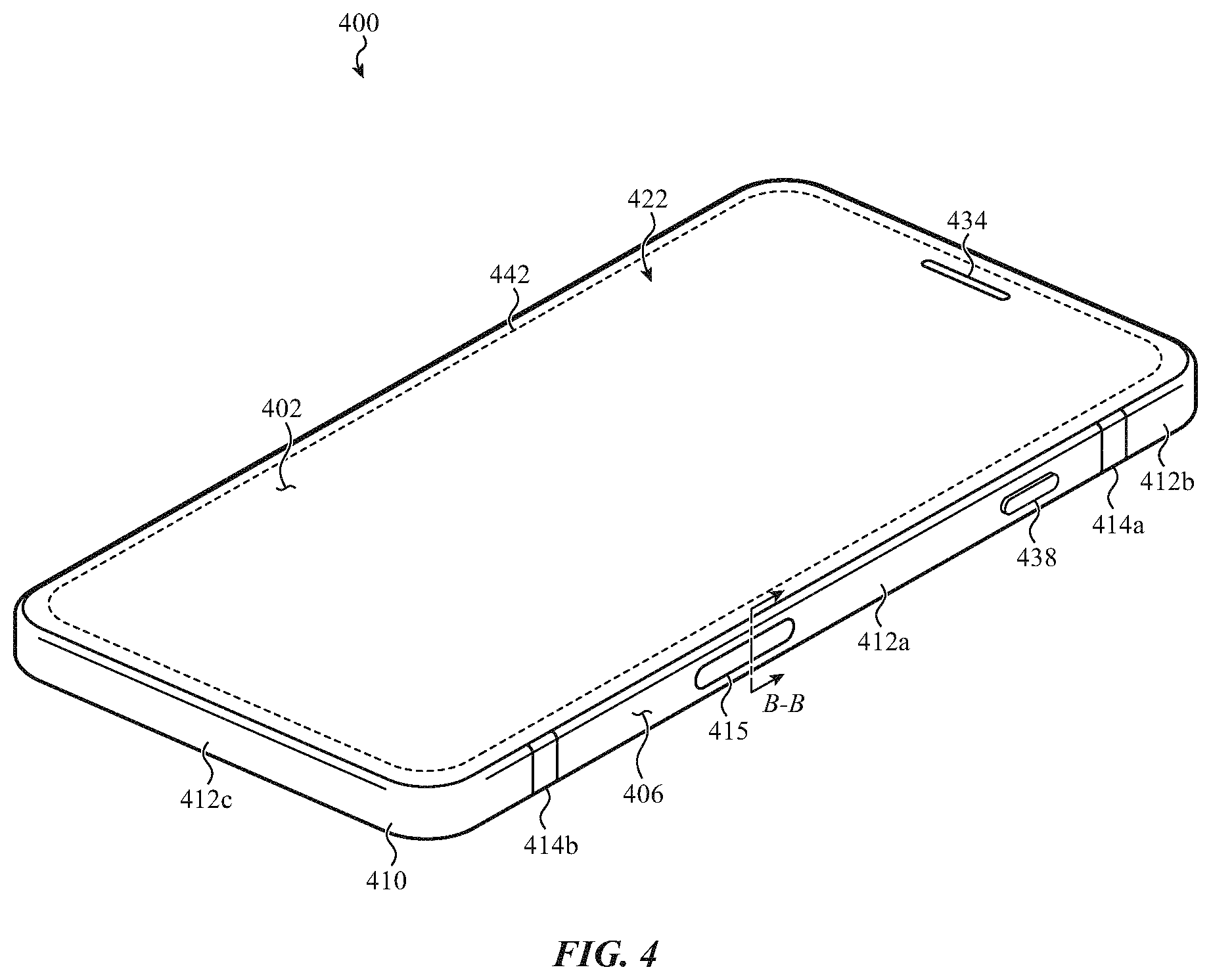 Patent US11784673 Figure 7 – Electronic device housing having a radio-frequency transmissive component
