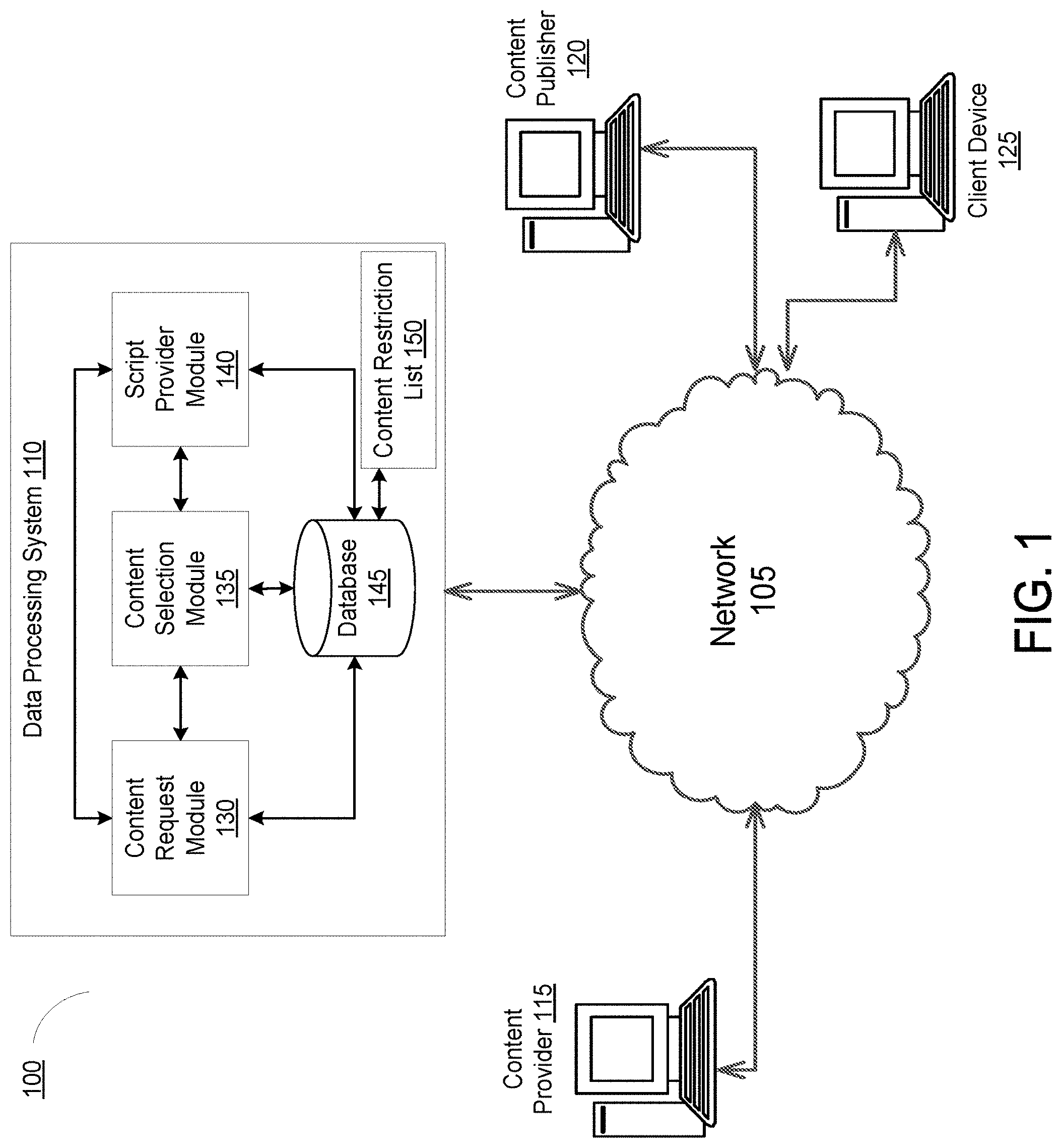 Patent US11785297 — Systems and methods for detecting improper implementation of presentation of content items by applications executing on client devices — Figure 1