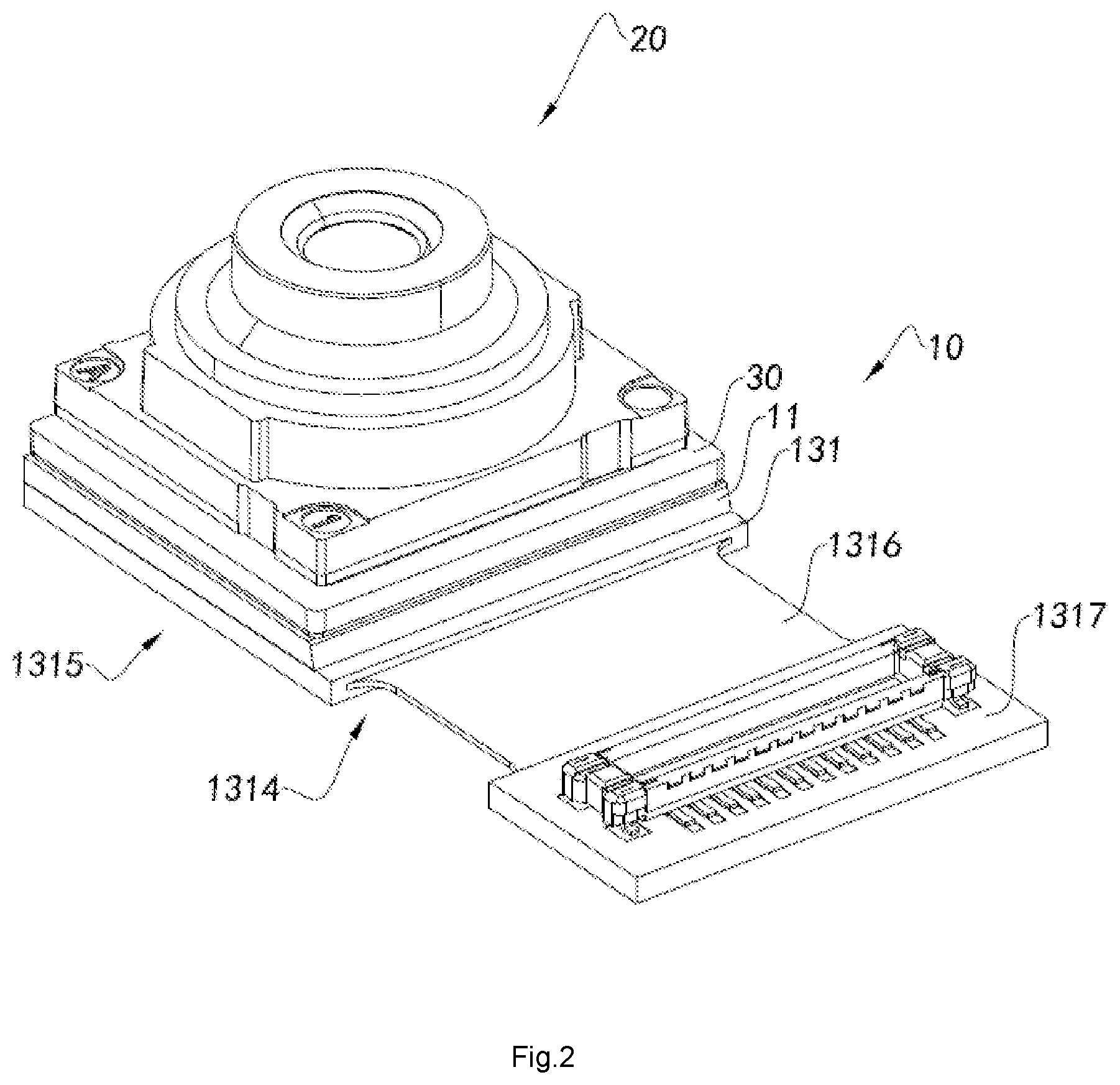 Patent US11785325 Figure 2 – Camera module having circuit board, molded base, and optical lens, electronic device having same and method for manufacturing camera module