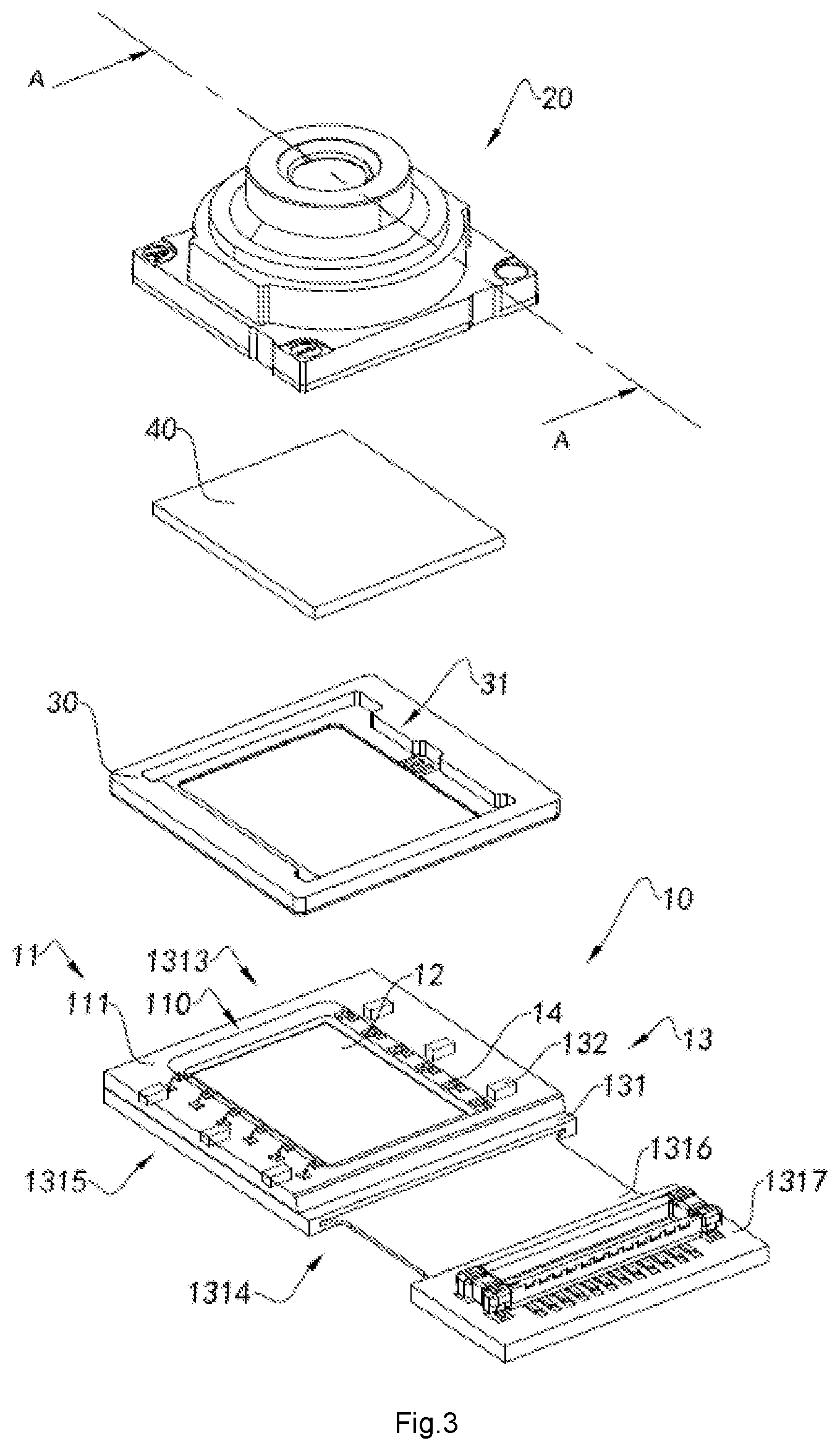 Patent US11785325 Figure 3 – Camera module having circuit board, molded base, and optical lens, electronic device having same and method for manufacturing camera module