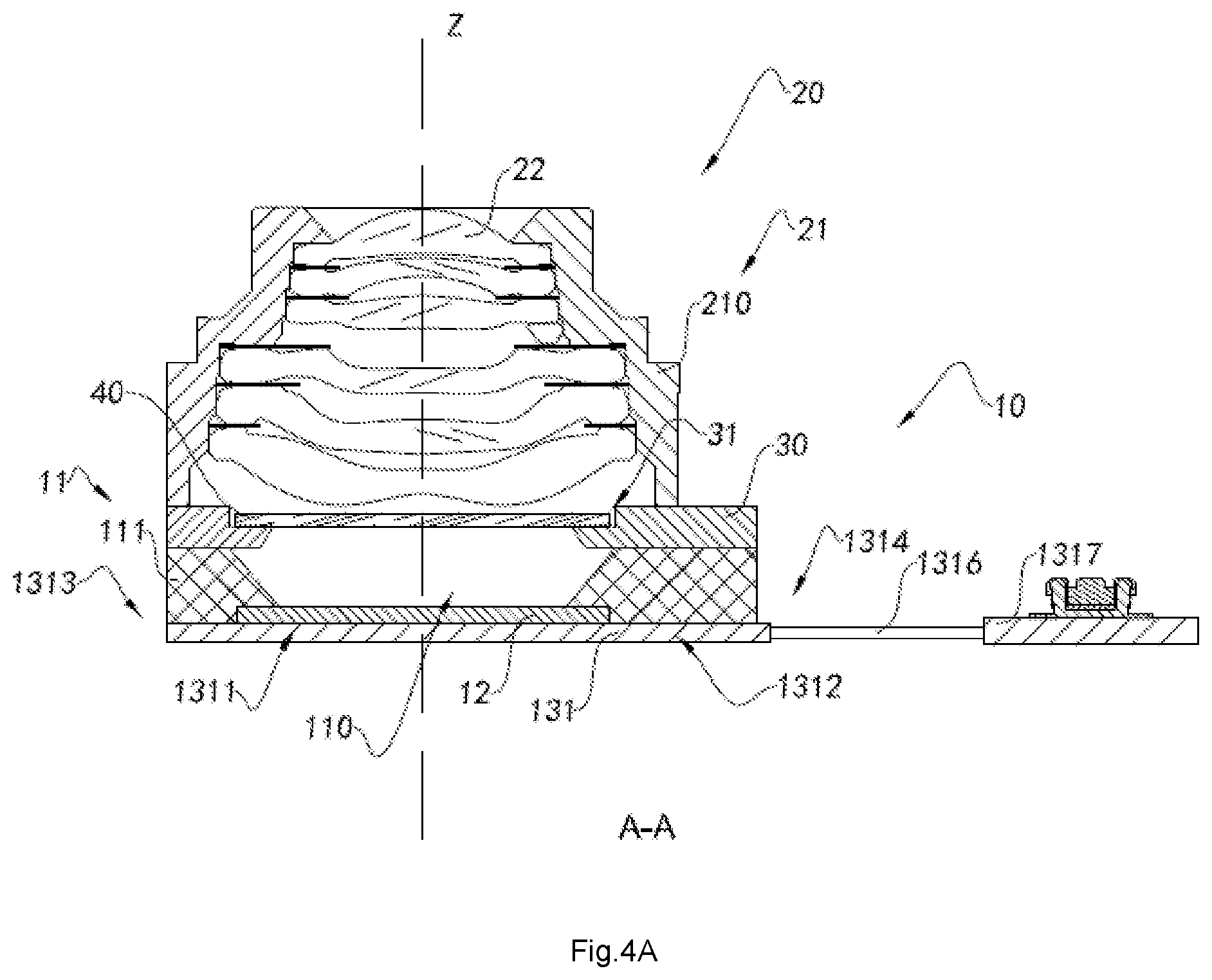 Patent US11785325 Figure 4 – Camera module having circuit board, molded base, and optical lens, electronic device having same and method for manufacturing camera module