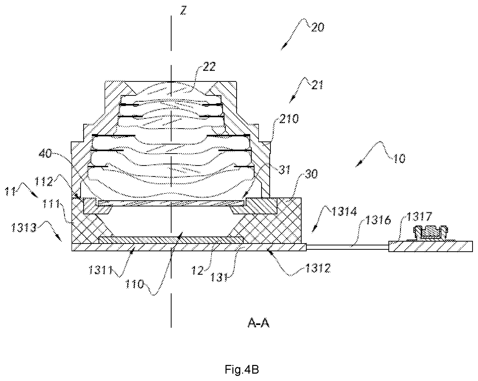 Patent US11785325 Figure 5 – Camera module having circuit board, molded base, and optical lens, electronic device having same and method for manufacturing camera module