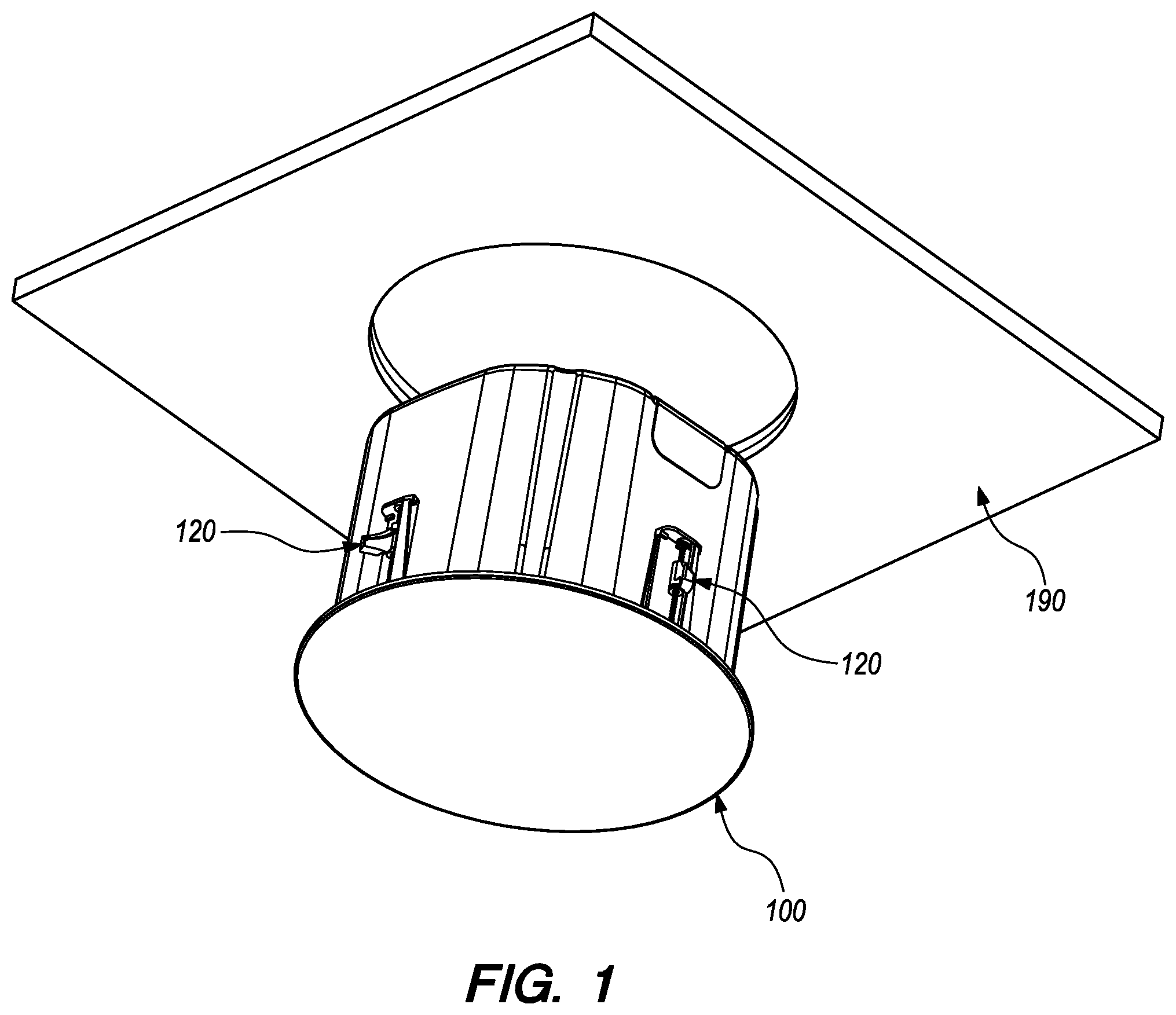 Patent US11785367 — Speaker mount with spring-loaded latch — Figure 1