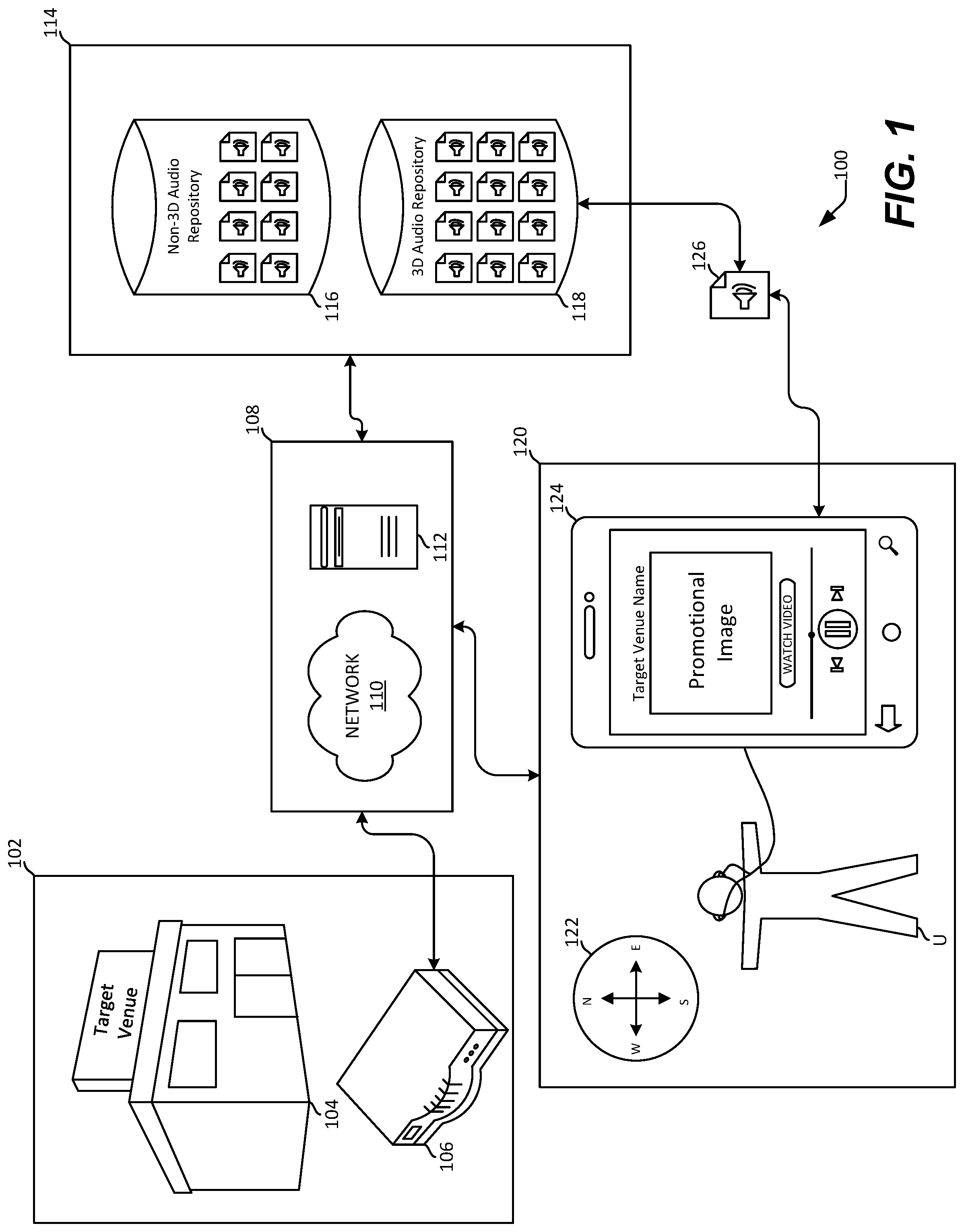 Patent US11785413 Figure 1 – Media content playback based on an identified geolocation of a target venue