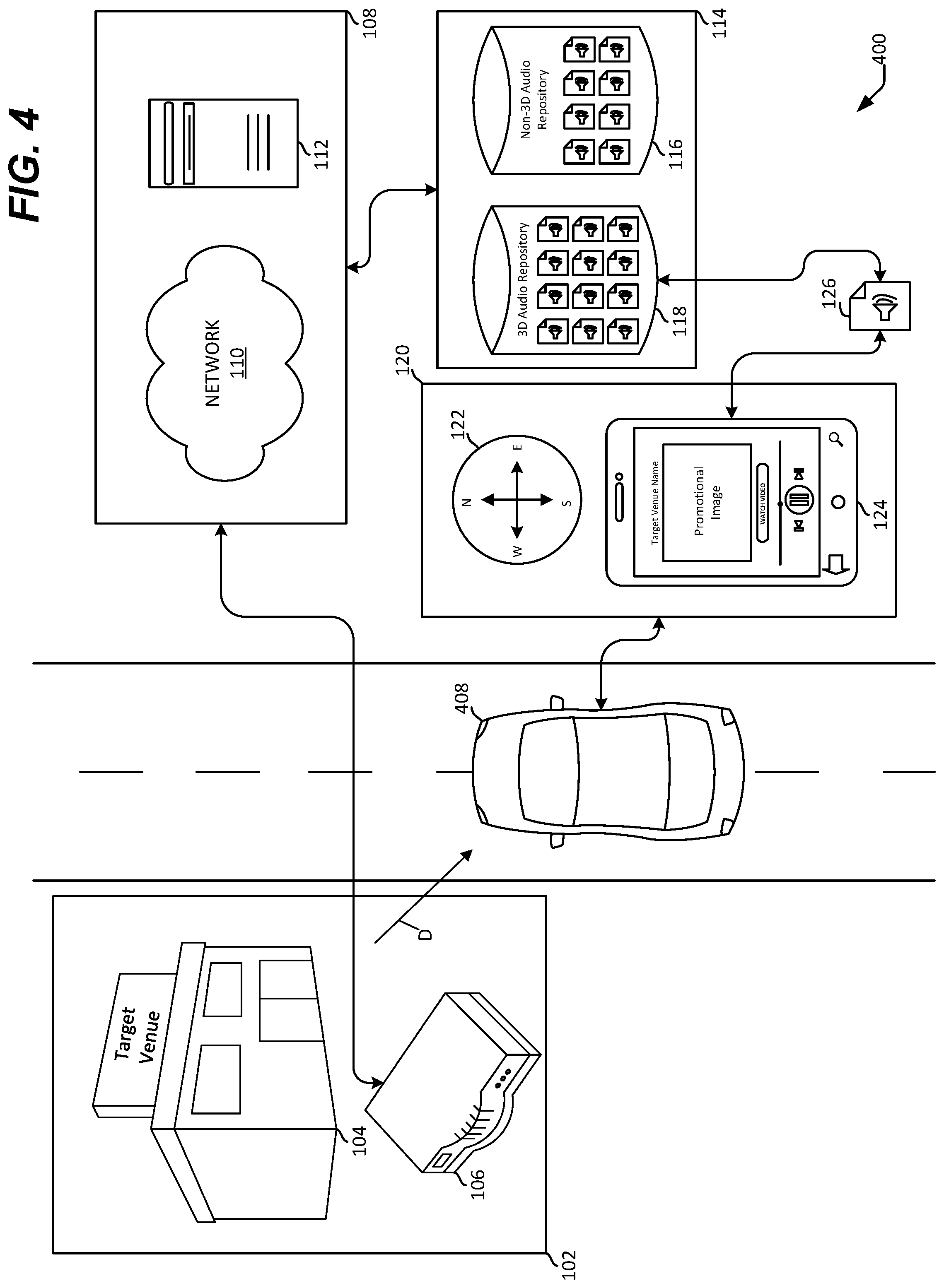 Patent US11785413 Figure 4 – Media content playback based on an identified geolocation of a target venue