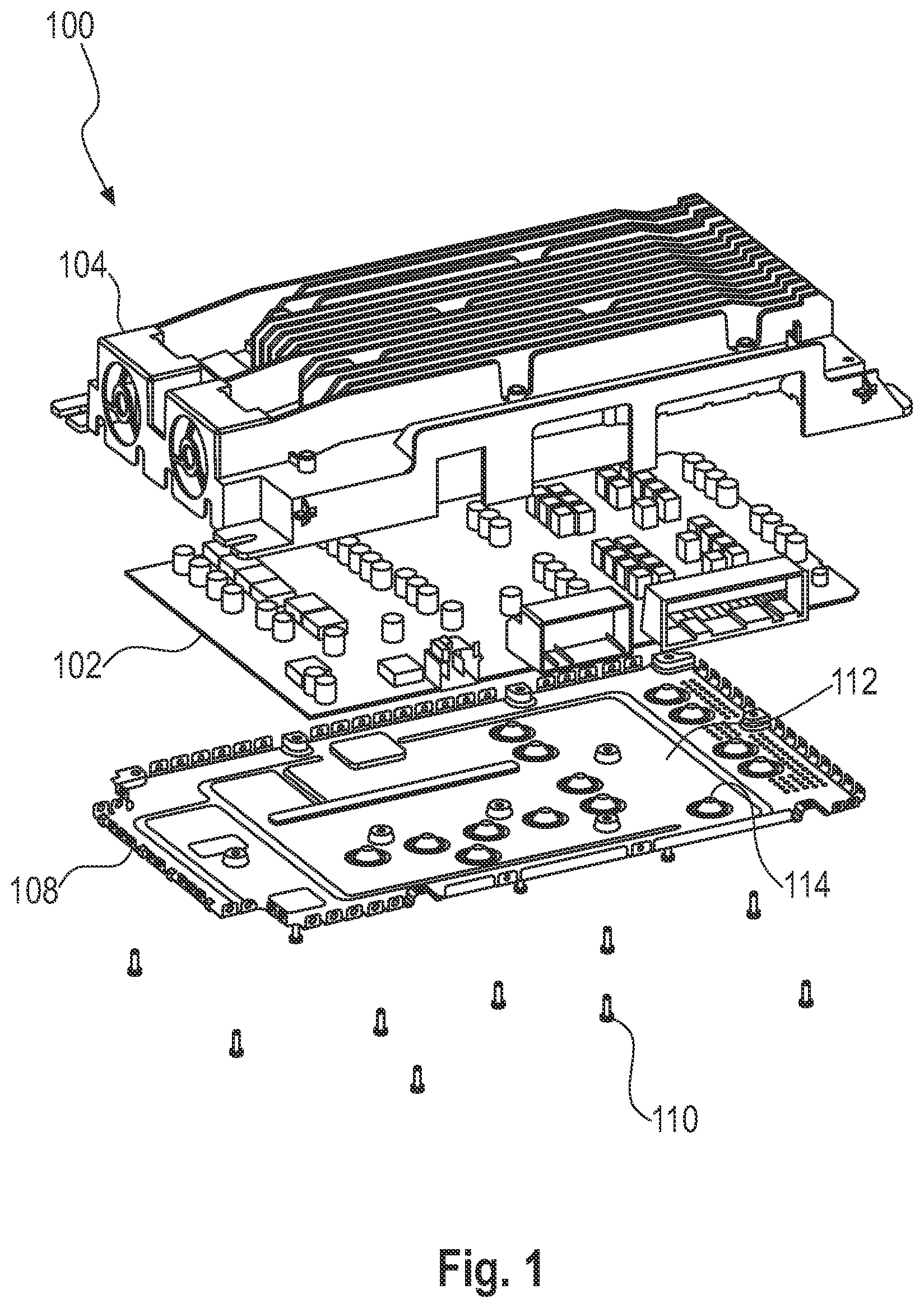 Patent US11785704 Figure 1 – Cover for pressing a printed-circuit board on a heat sink