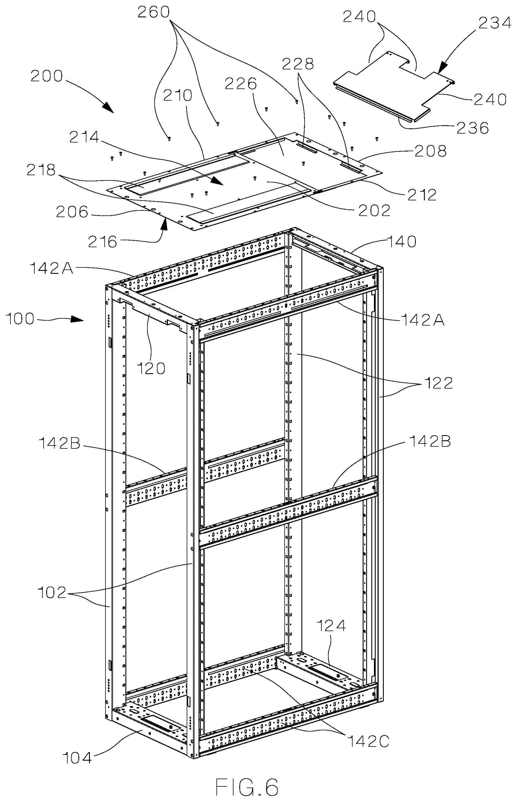 Patent US11785734 Figure 6 – Data center cabinet and top caps for a data center cabinet