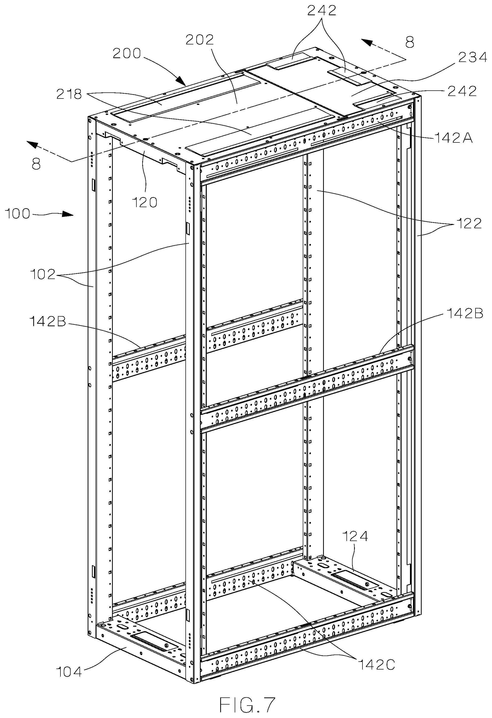 Patent US11785734 Figure 7 – Data center cabinet and top caps for a data center cabinet