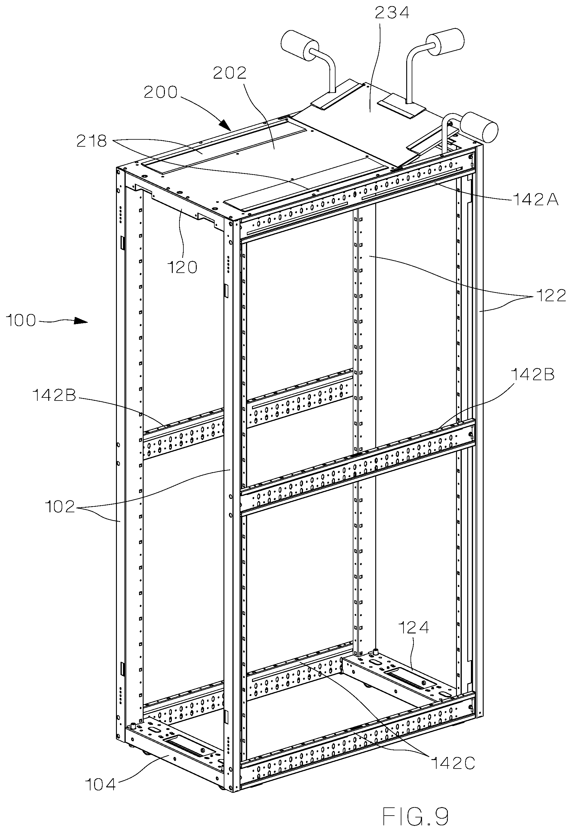 Patent US11785734 Figure 9 – Data center cabinet and top caps for a data center cabinet