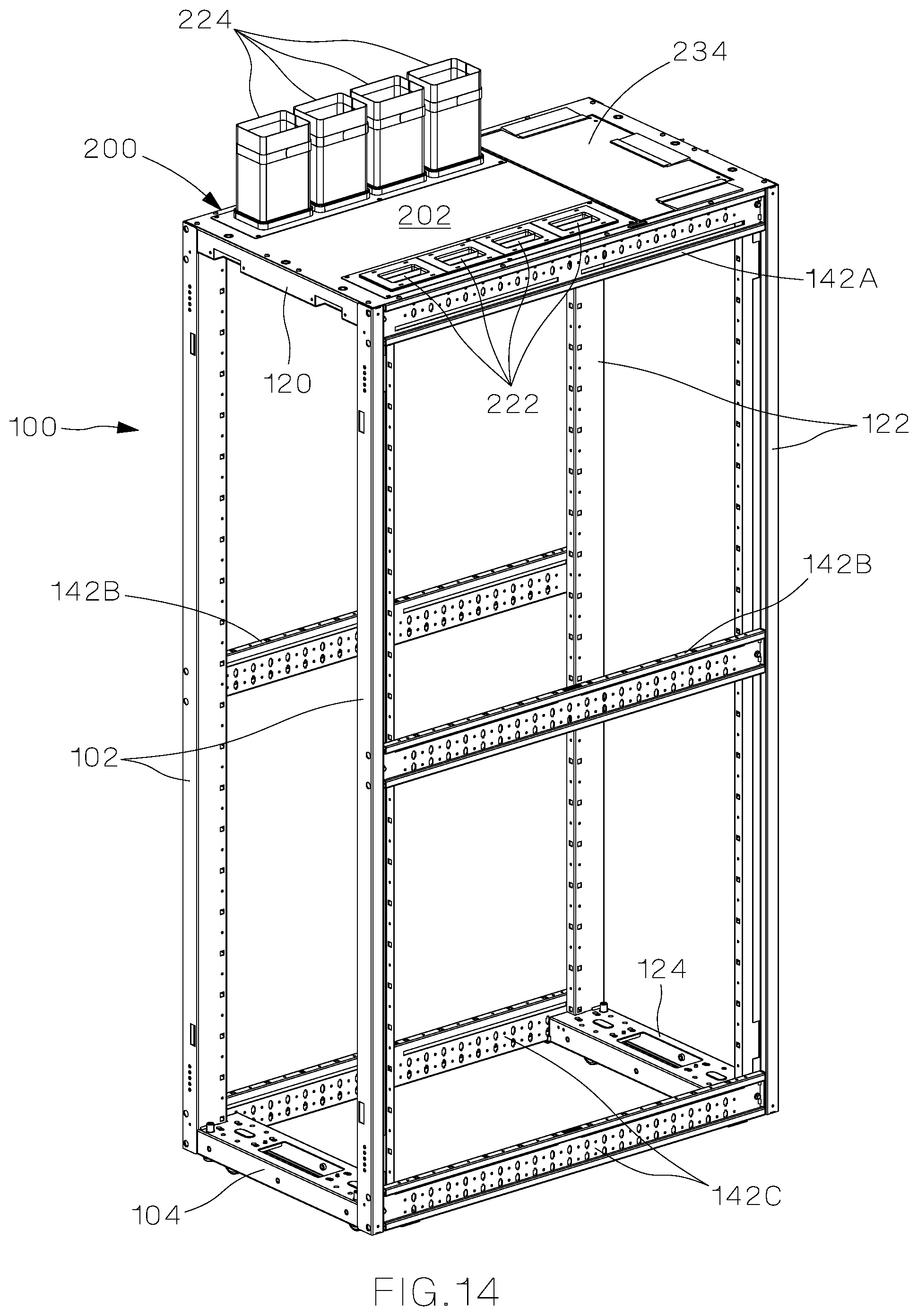 Patent US11785734 Figure 14 – Data center cabinet and top caps for a data center cabinet
