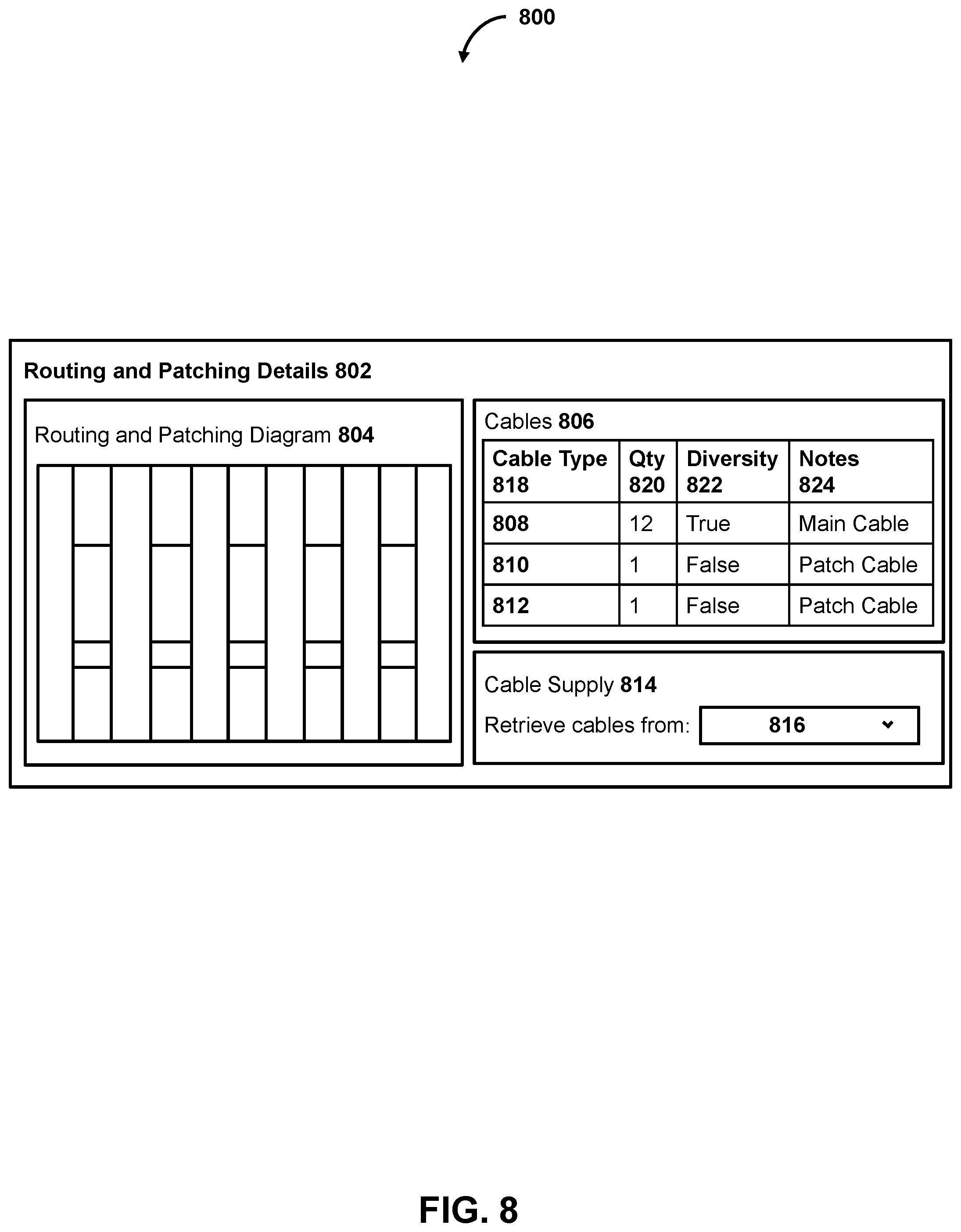 Patent US11785735 Figure 8 – Intelligent cable patching of racks to facilitate cable installation