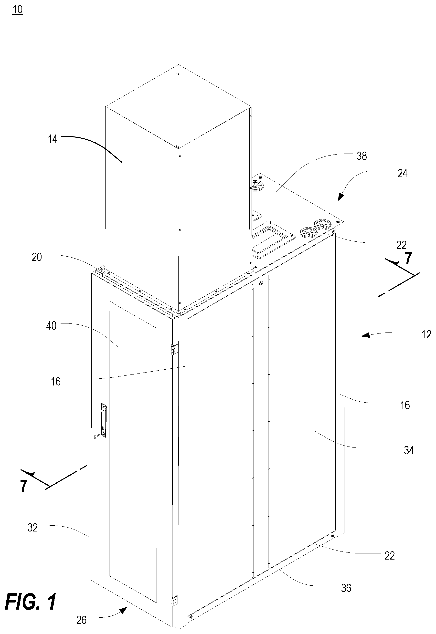Patent US11785745 — Vertical exhaust duct for electronic equipment enclosure — Figure 1
