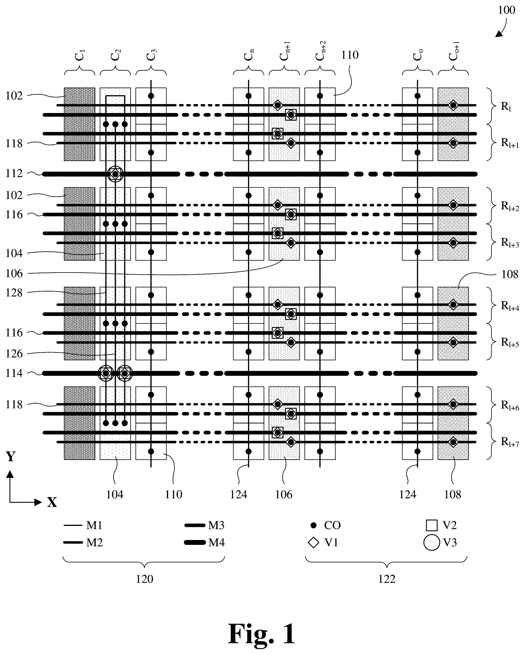 Patent US11785770 Figure 1 – Strap-cell architecture for embedded memory