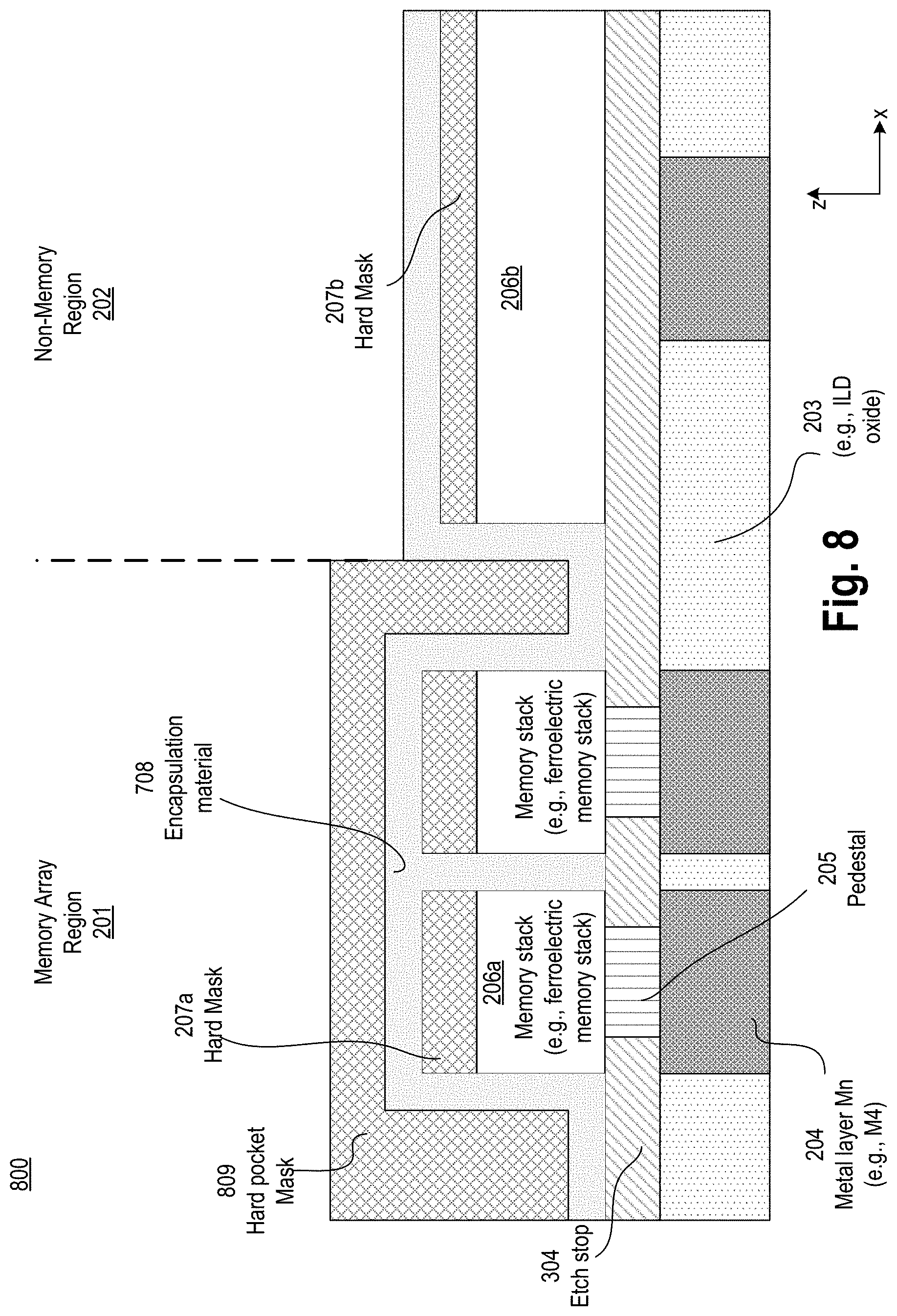 Patent US11785782 Figure 9 – Embedded memory with encapsulation layer adjacent to a memory stack