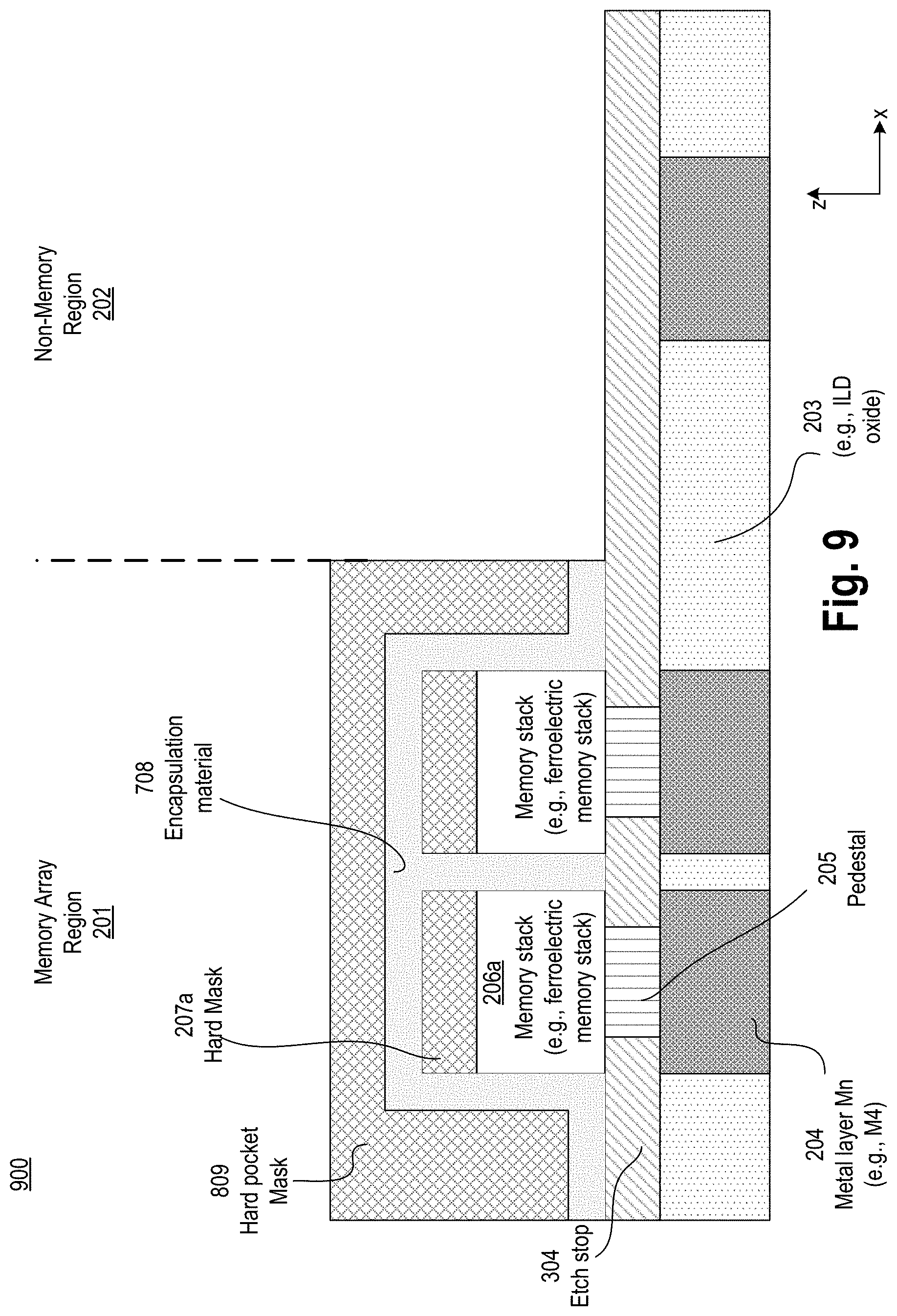 Patent US11785782 Figure 10 – Embedded memory with encapsulation layer adjacent to a memory stack