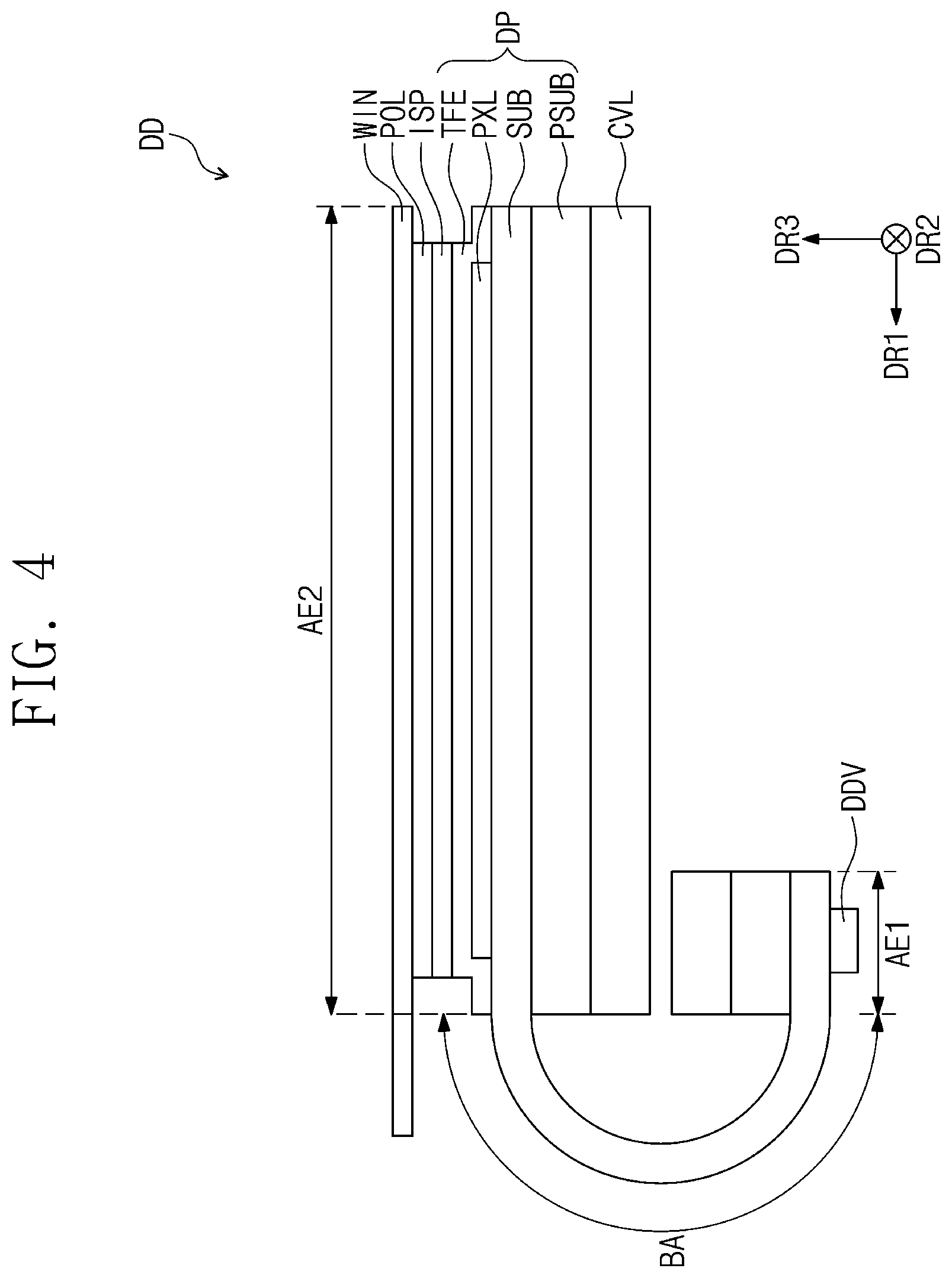 Patent US11785795 Figure 4 – Display device including protective layer below substrate