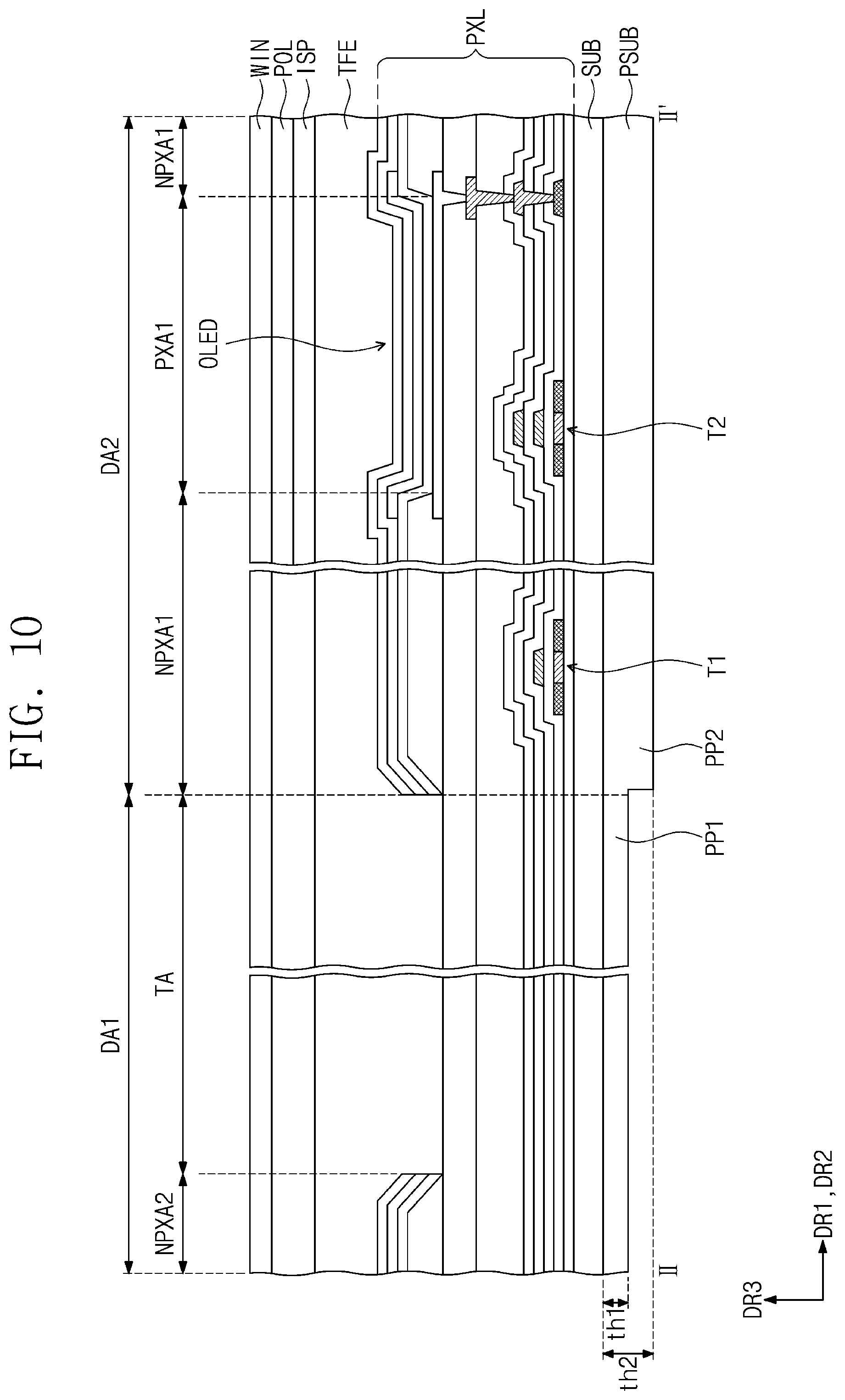 Patent US11785795 Figure 11 – Display device including protective layer below substrate