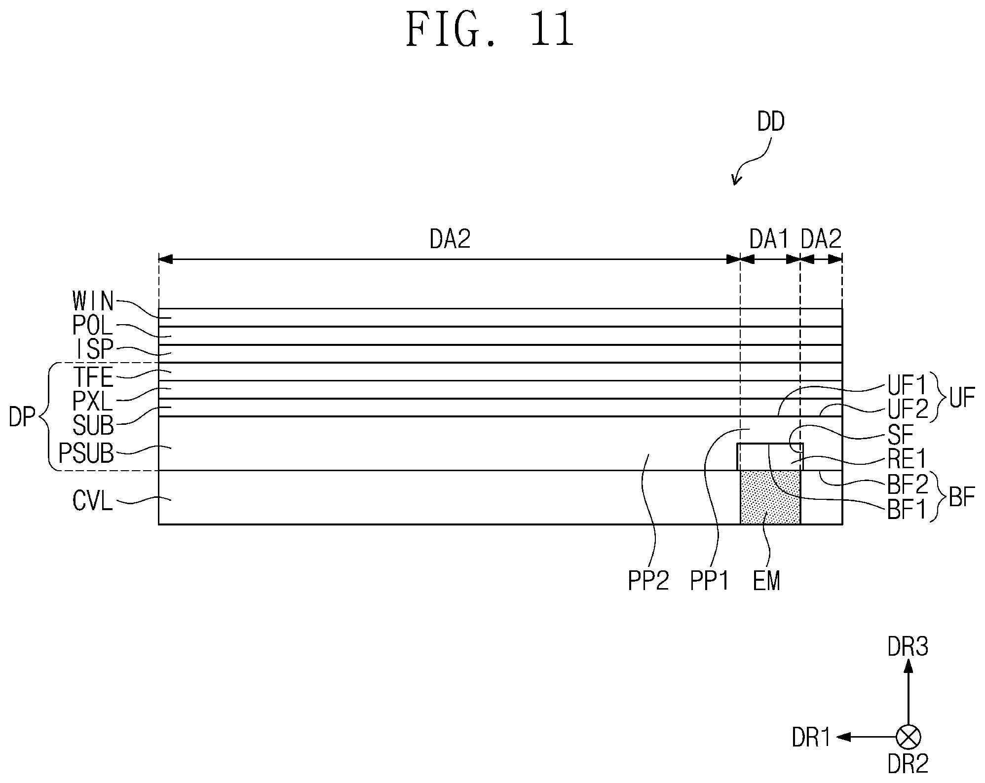 Patent US11785795 Figure 12 – Display device including protective layer below substrate