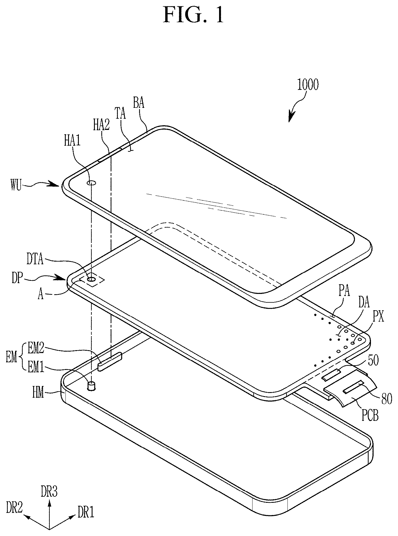 Patent US11785798 — Display with dam surrounding opening — Figure 1