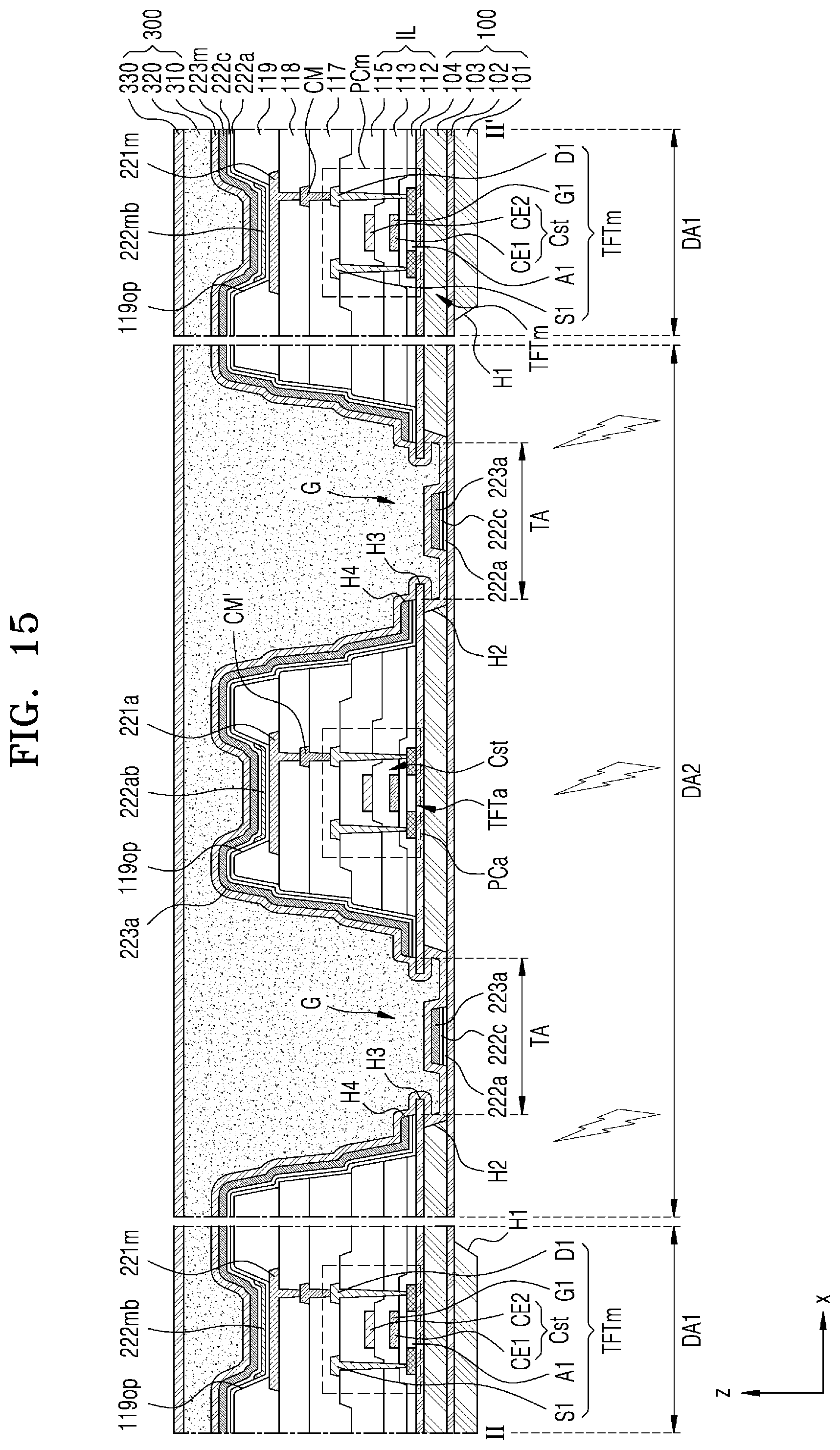 Patent US11785799 Figure 14 – Display apparatus including multi-base and multi-barrier layer substrate