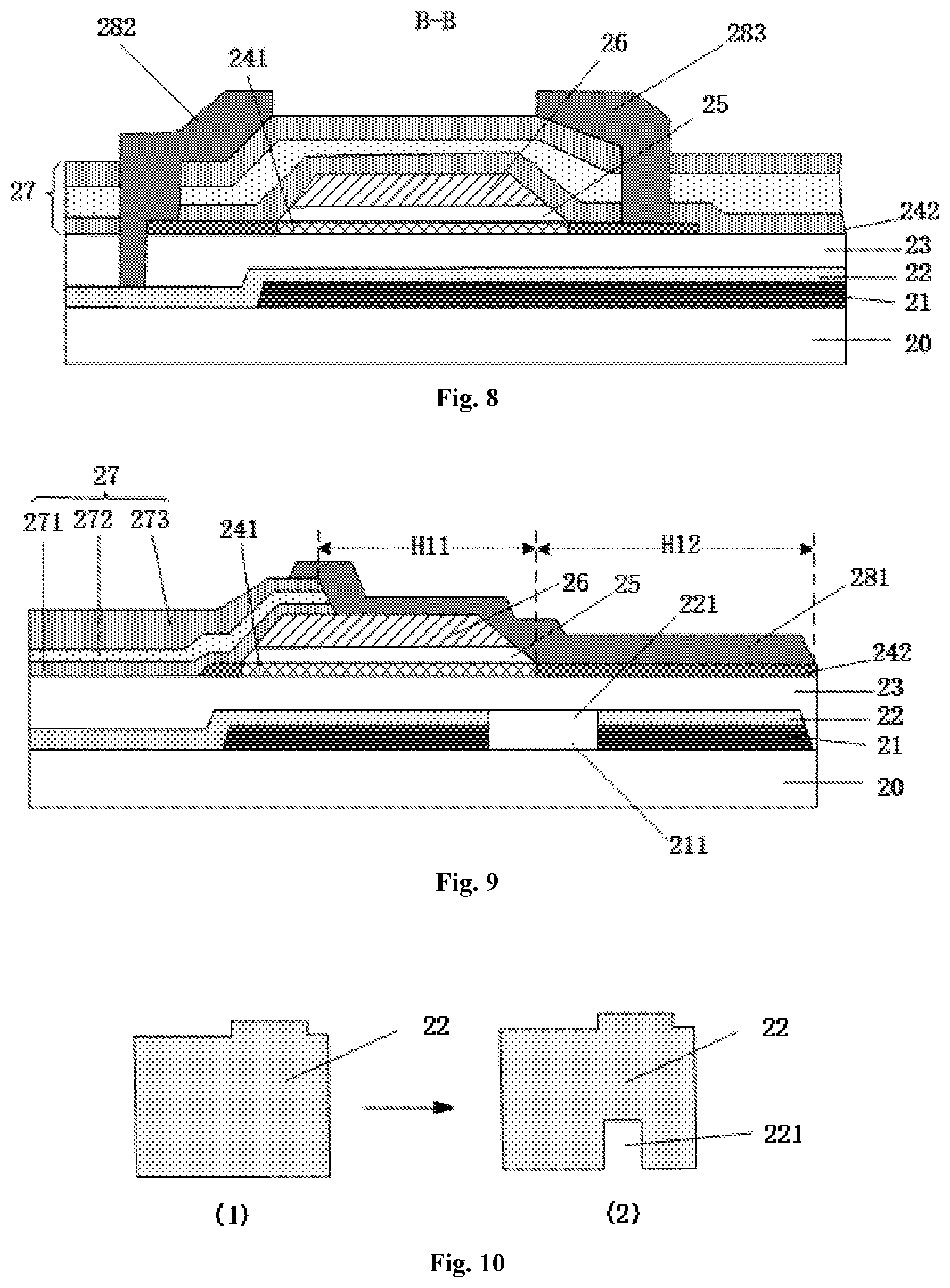 Patent US11785811 Figure 4 – Array substrate comprising an interlay insulation layer including at least two inorganic insulation layers and at least one organic insulation layer laminated one on another