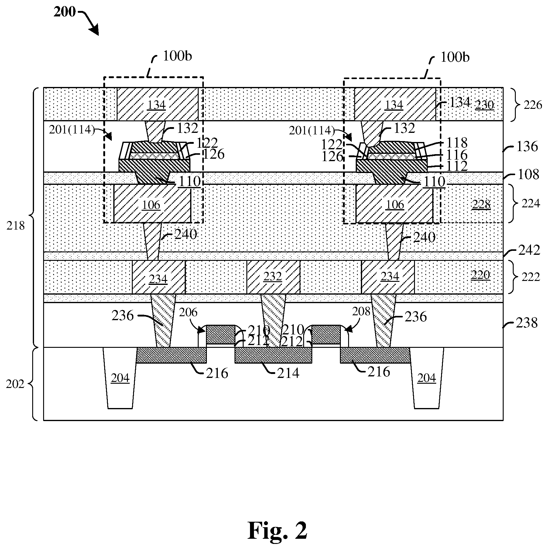 Patent US11785862 Figure 2 – Via landing enhancement for memory device