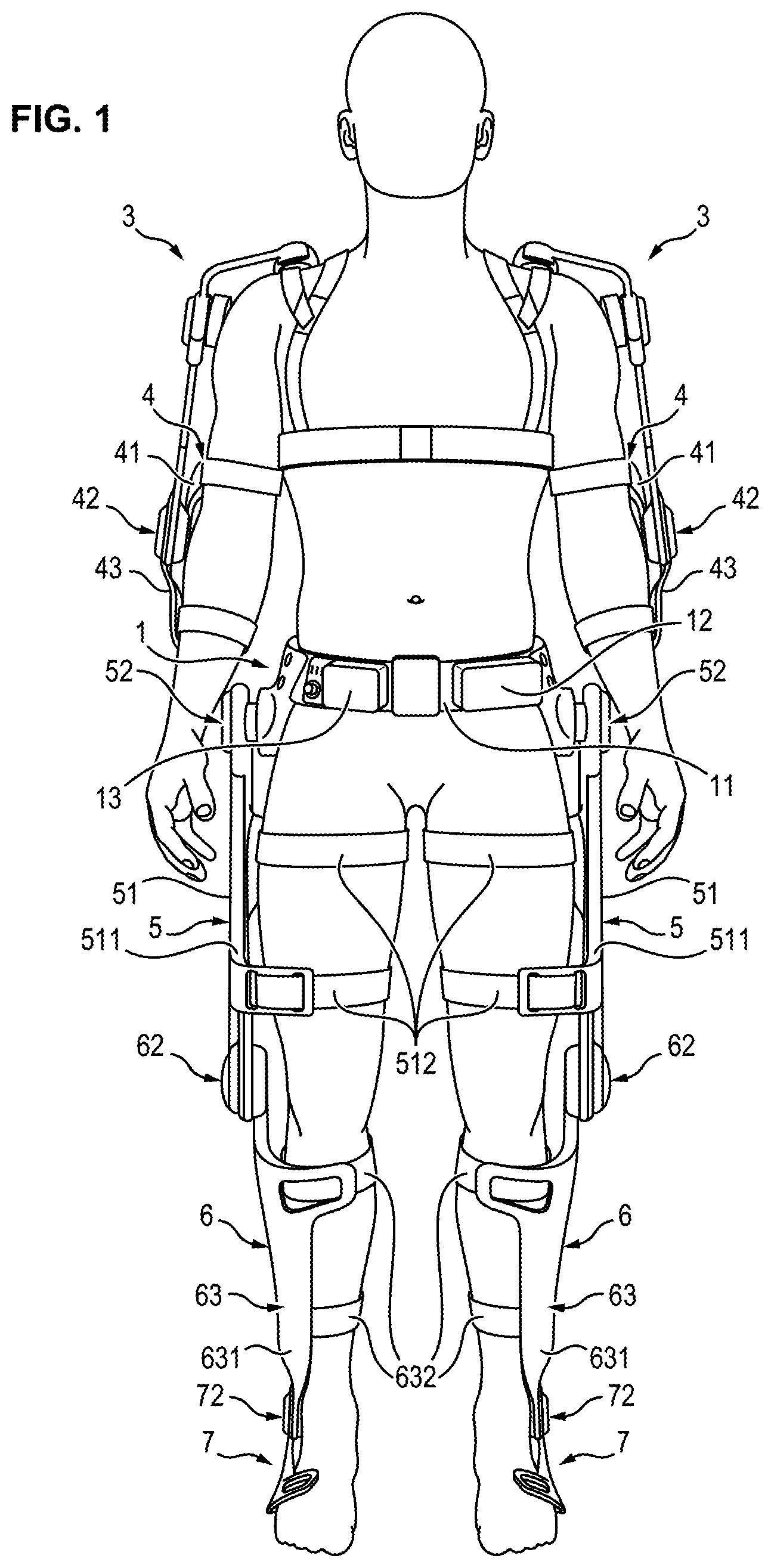 Patent US11787040 Figure 1 – Modular exoskeleton structure that provides force assistance to the user