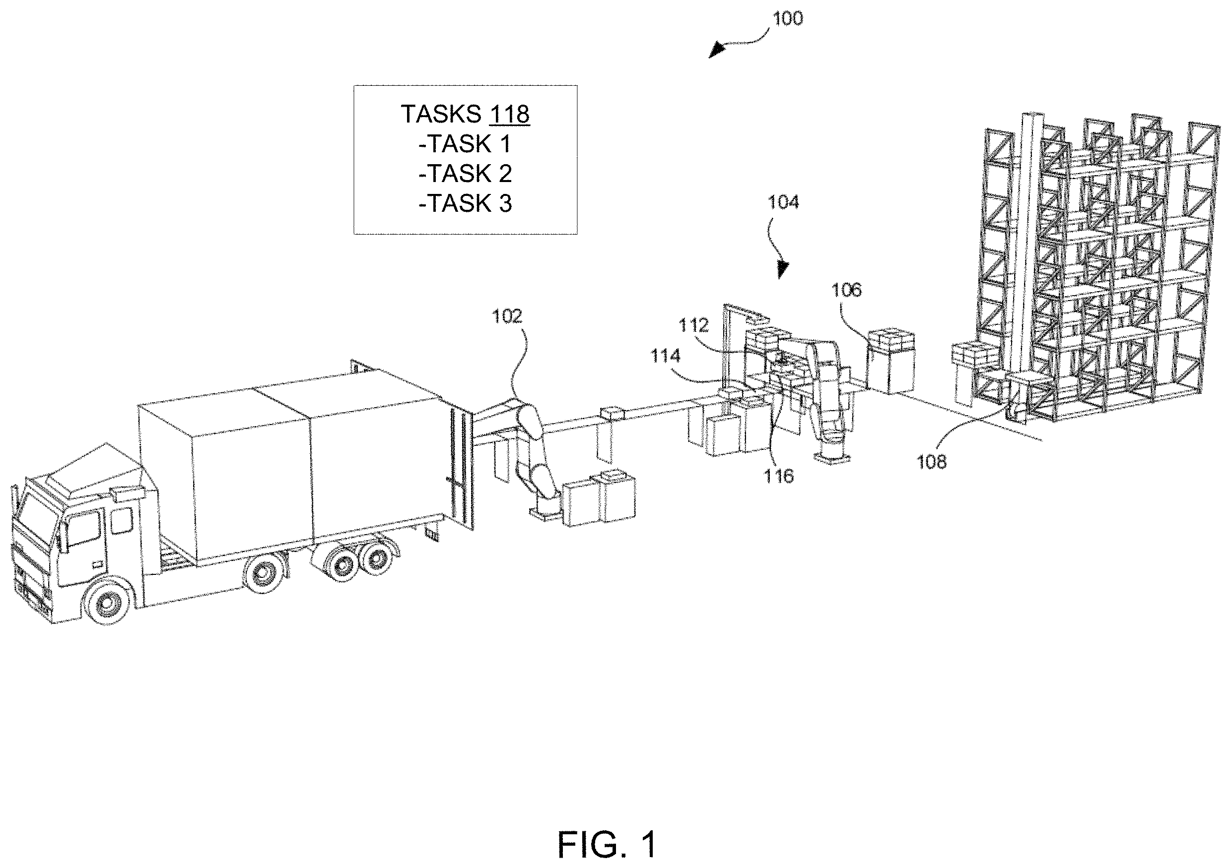 Patent US11787047 Figure 1 – Robotic system with a robot arm suction control mechanism and method of operation thereof