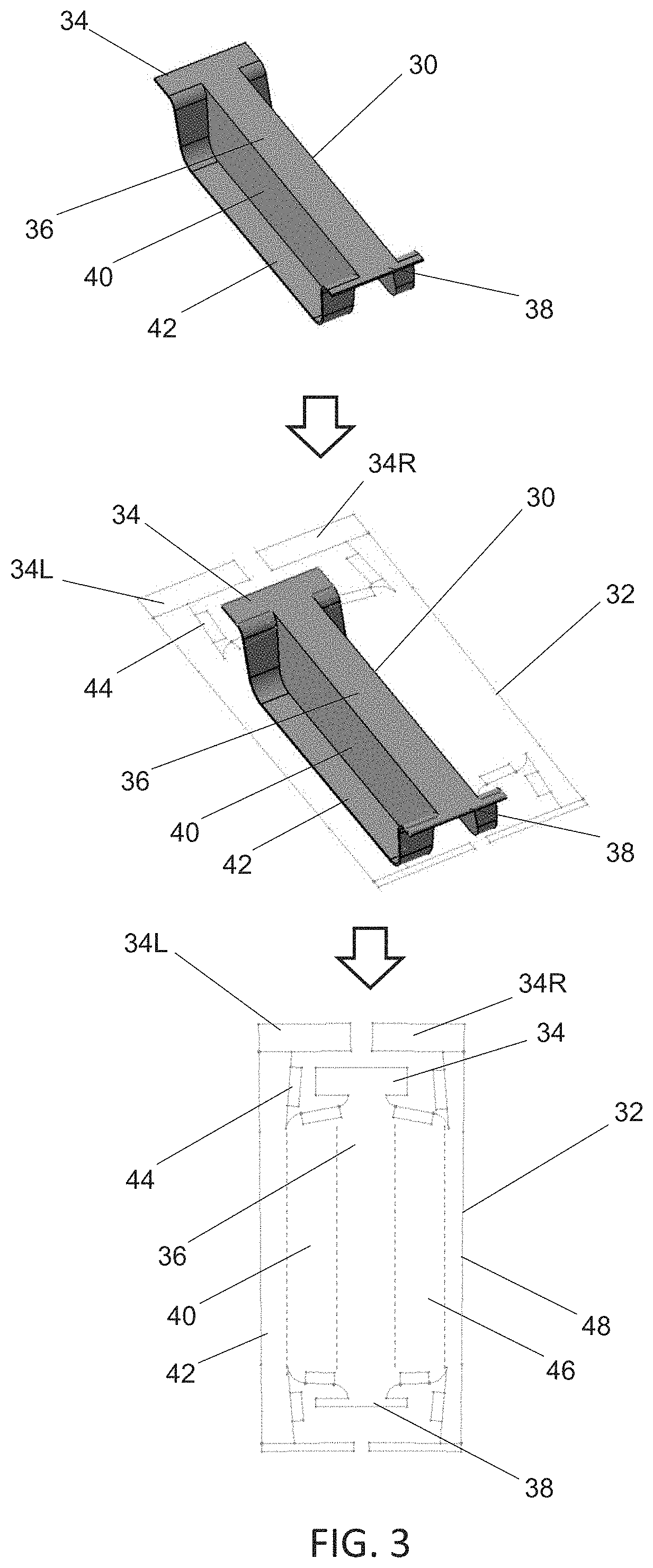 Patent US11787087 Figure 3 – Three dimensional preform created by preconsolidation of thermal plastic stitched sheet