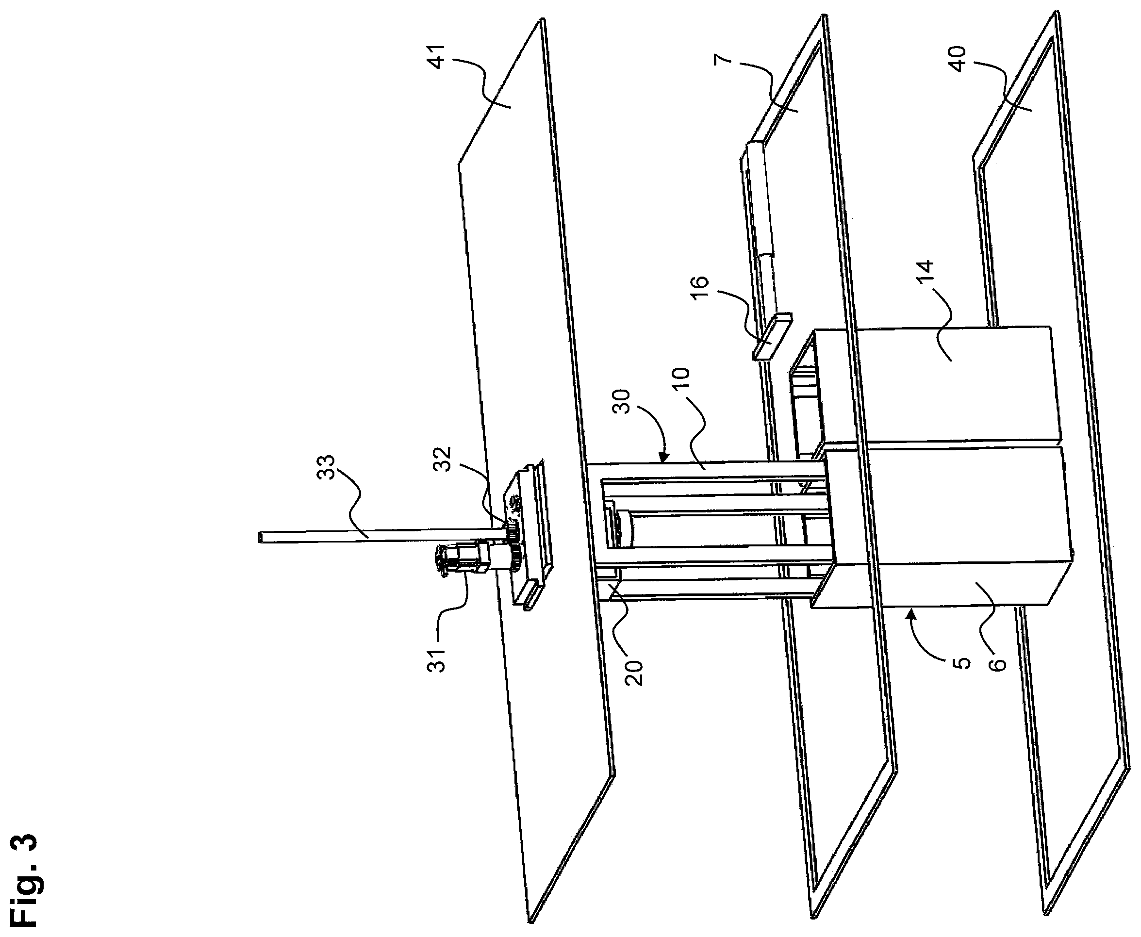 Patent US11787107 Figure 3 – Lifting system for device and a method for generatively manufacturing a three-dimensional object
